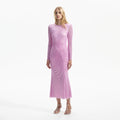 Pink Rhinestone Mesh Gathered Midi Dress