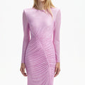 Pink Rhinestone Mesh Gathered Midi Dress