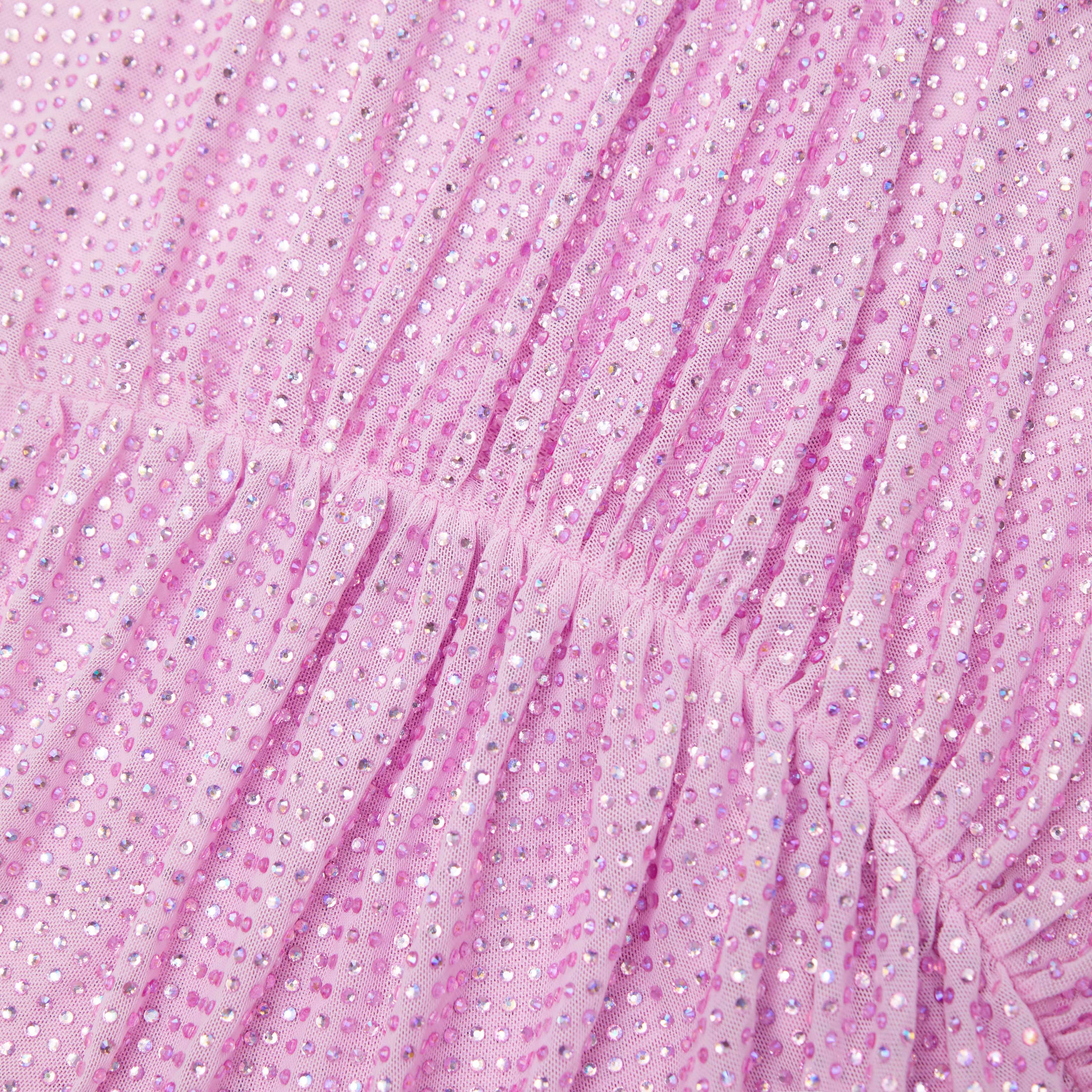 Pink Rhinestone Mesh Gathered Midi Dress