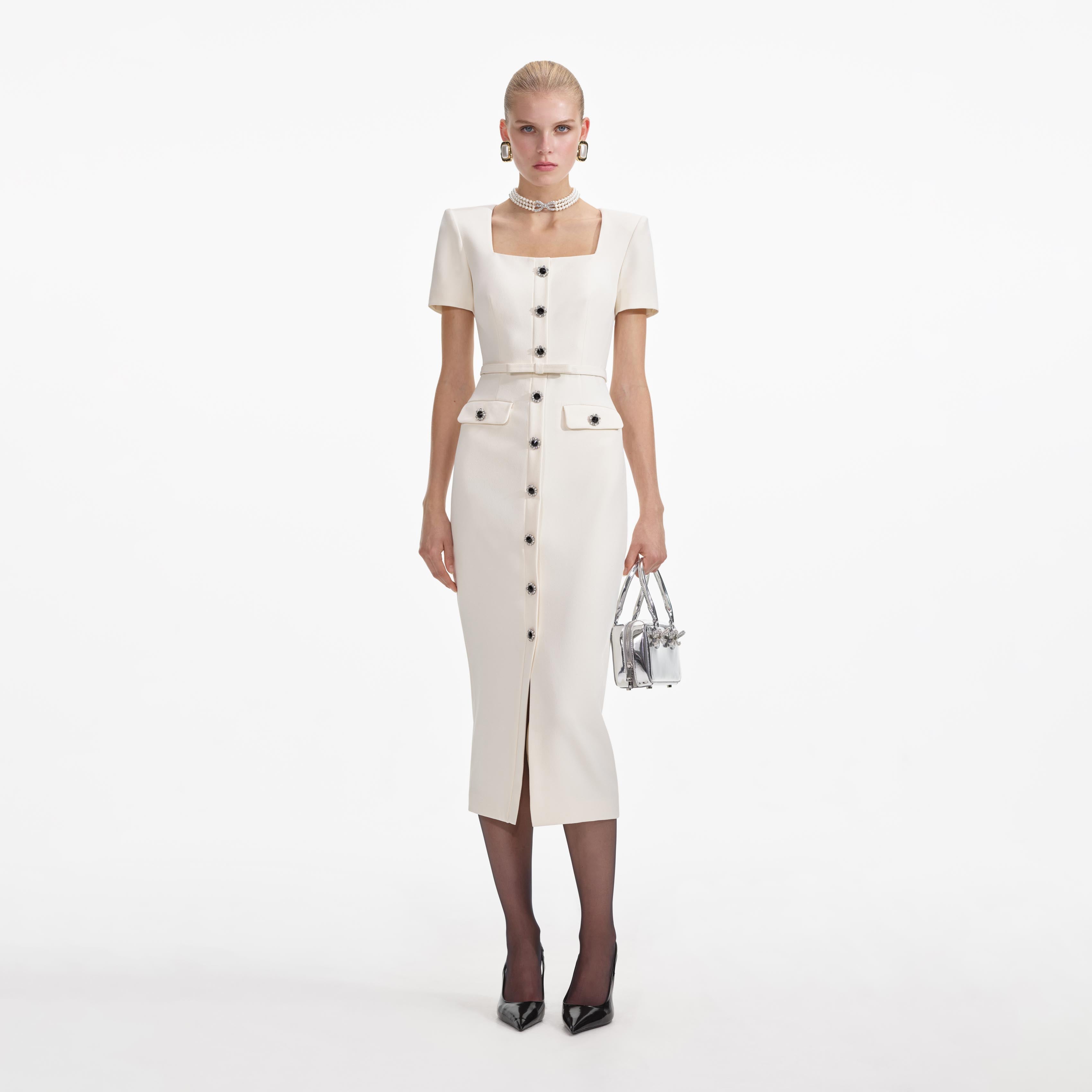 Self-Portrait - Cream Crepe Button Midi Dress - US 8 Self-Portrait - Cream Crepe Button Midi Dress - US 8