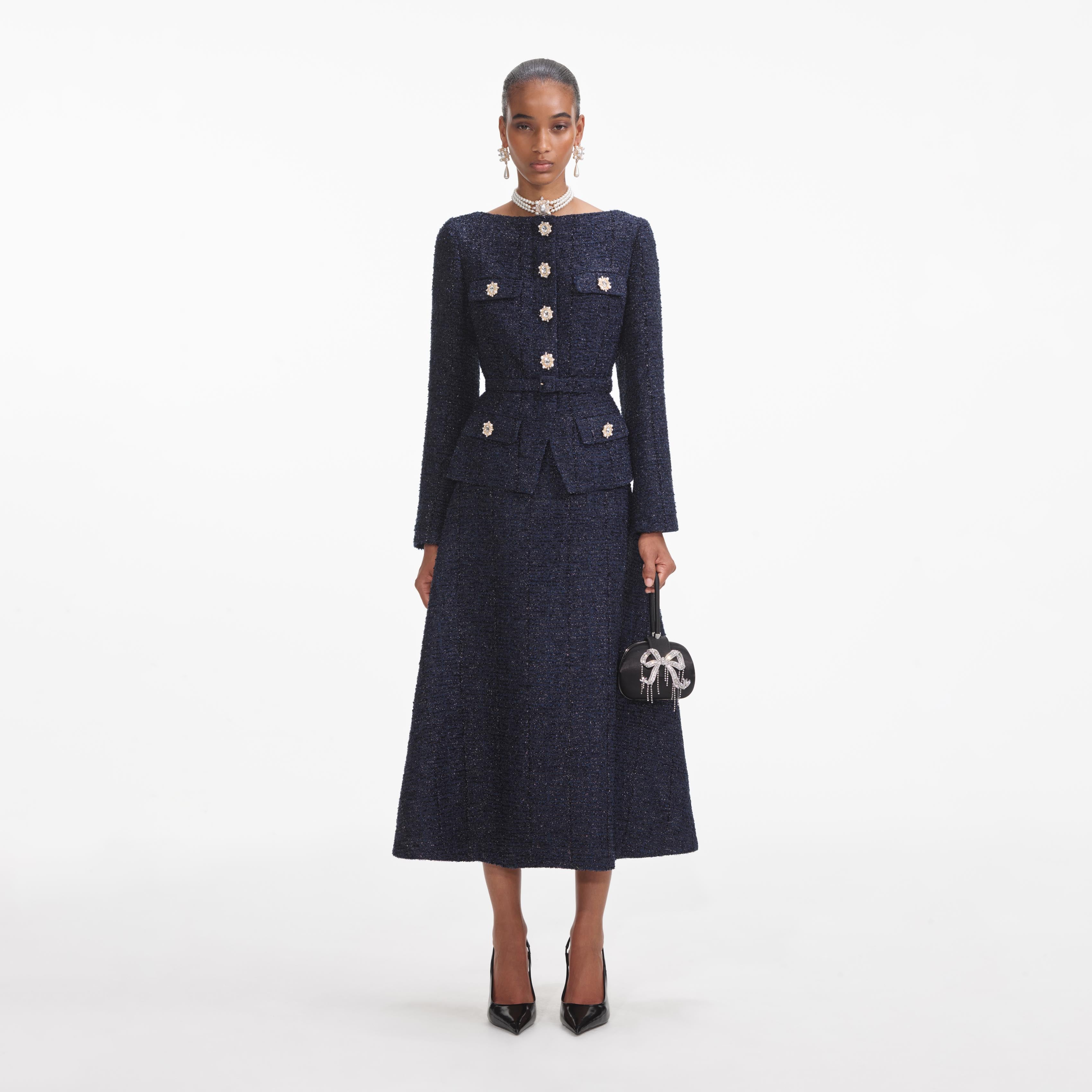 Navy Metallic Structured Boucle Midi Dress Navy Metallic Structured Boucle Midi Dress