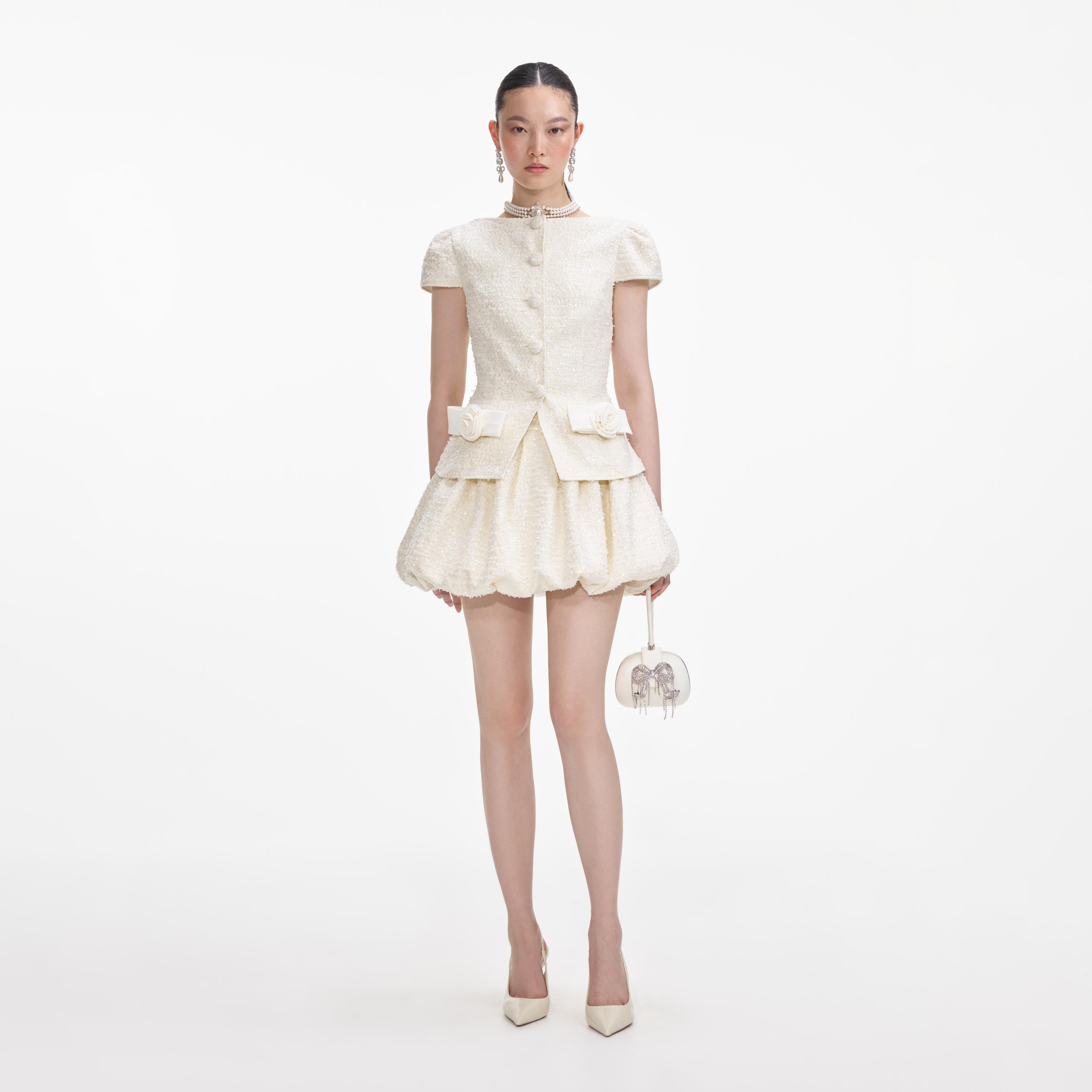 self-portrait - Cream Boucle Bow Detail Mini Dress - US 10 self-portrait - Cream Boucle Bow Detail Mini Dress - US 10