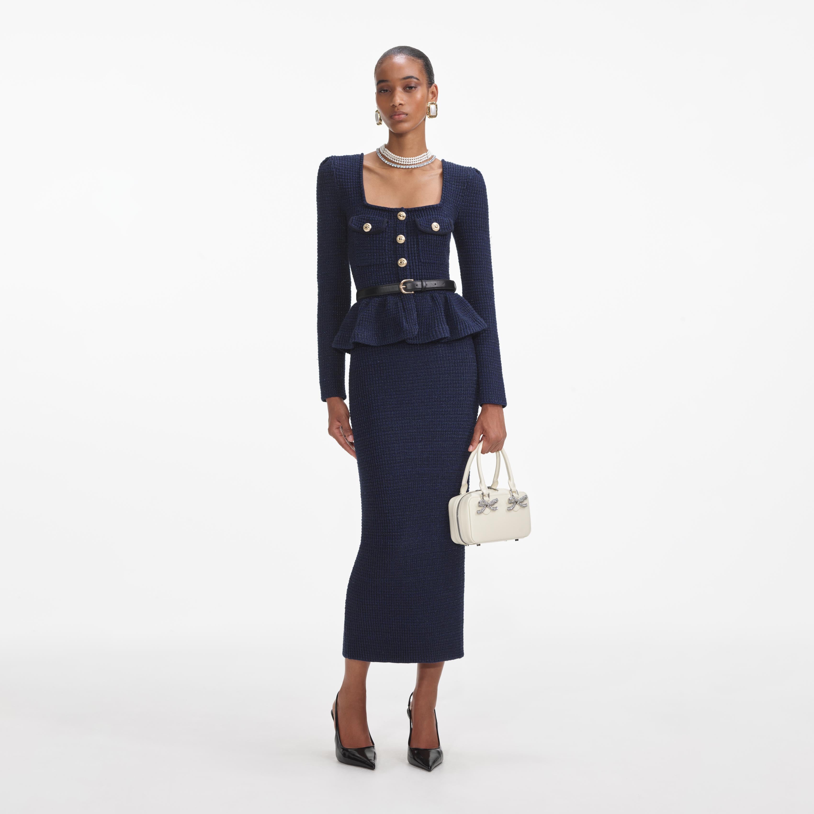 peplum dresses self-portrait - Navy Knit Peplum Midi Dress