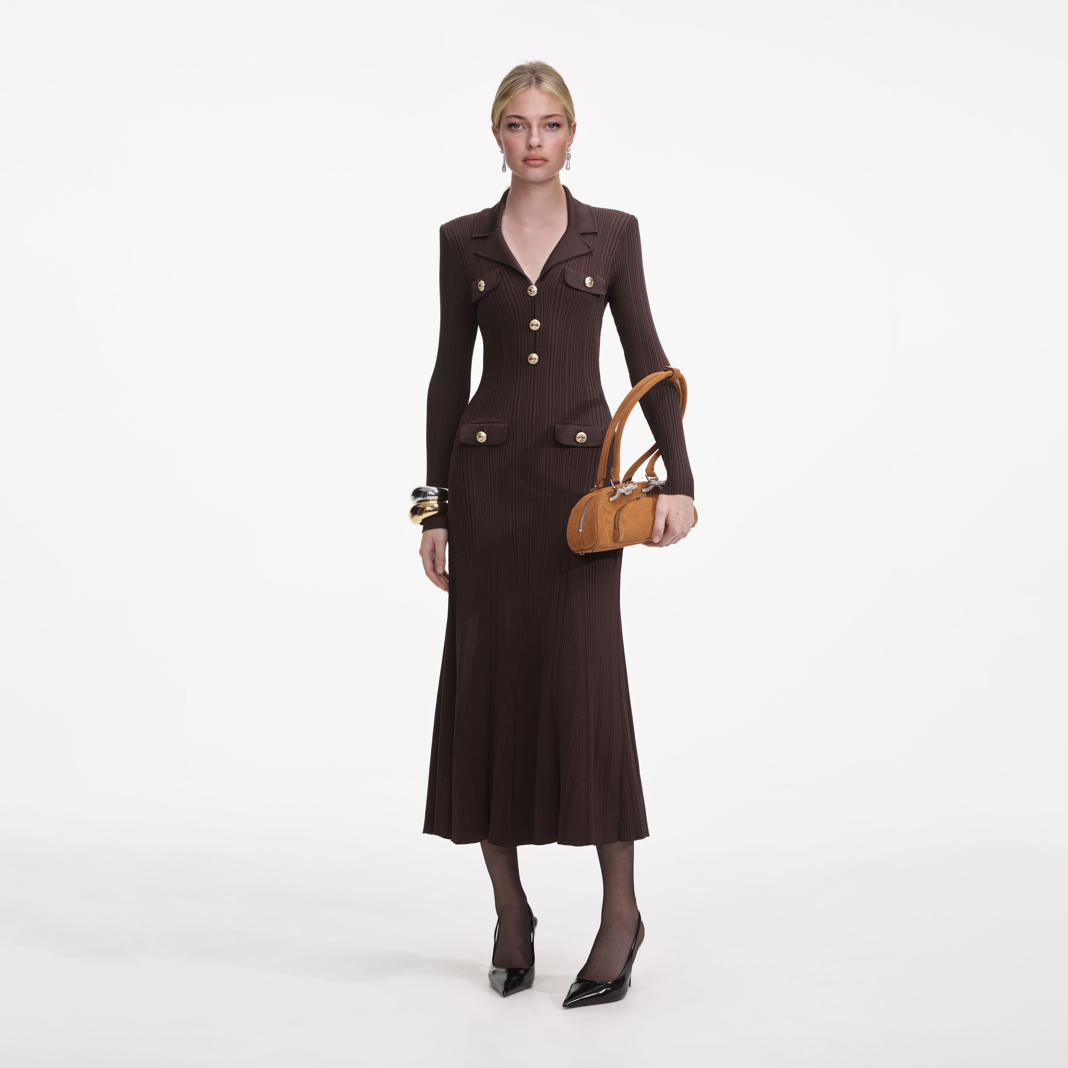self portrait knit dress Brown Viscose Rib Knit Midi Dress – self-portrait-US