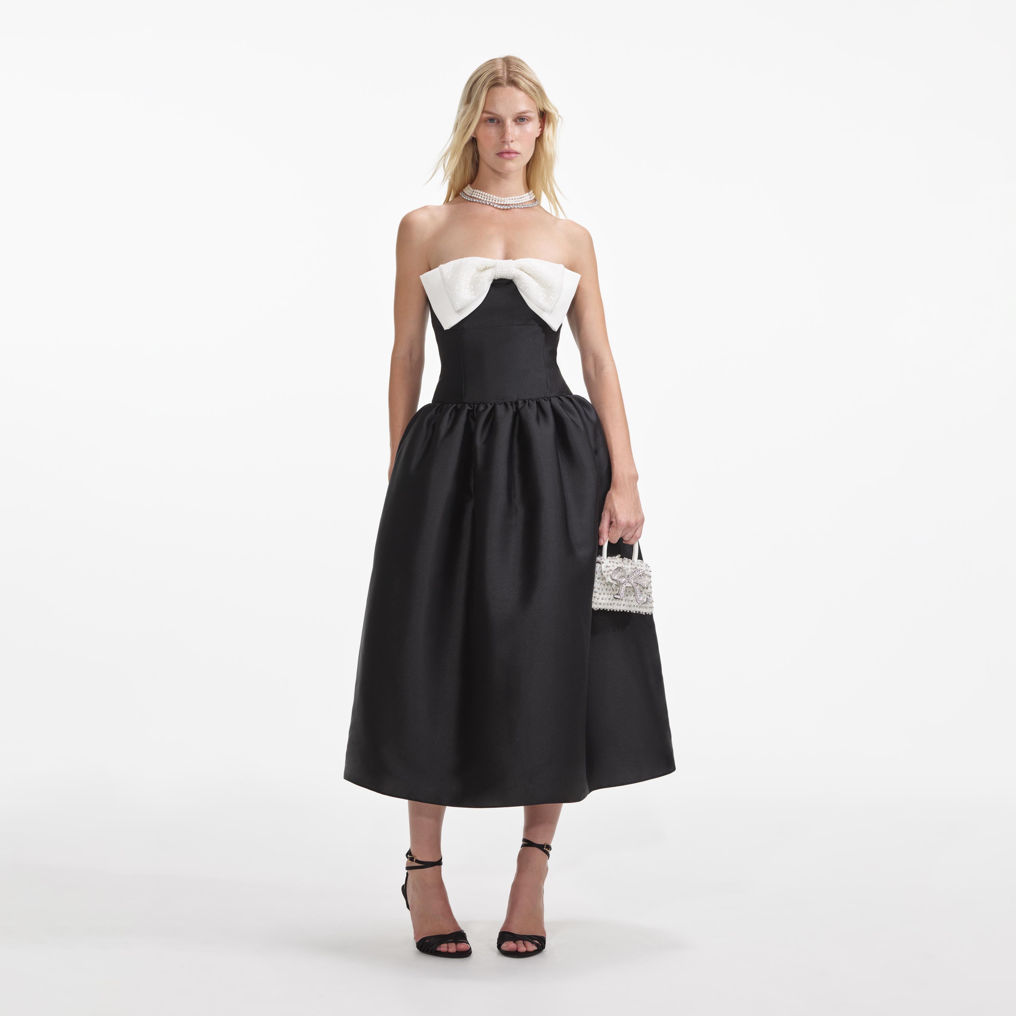 Self-Portrait - Black Taffeta Contrast Bow Midi Dress Self-Portrait - Black Taffeta Contrast Bow Midi Dress