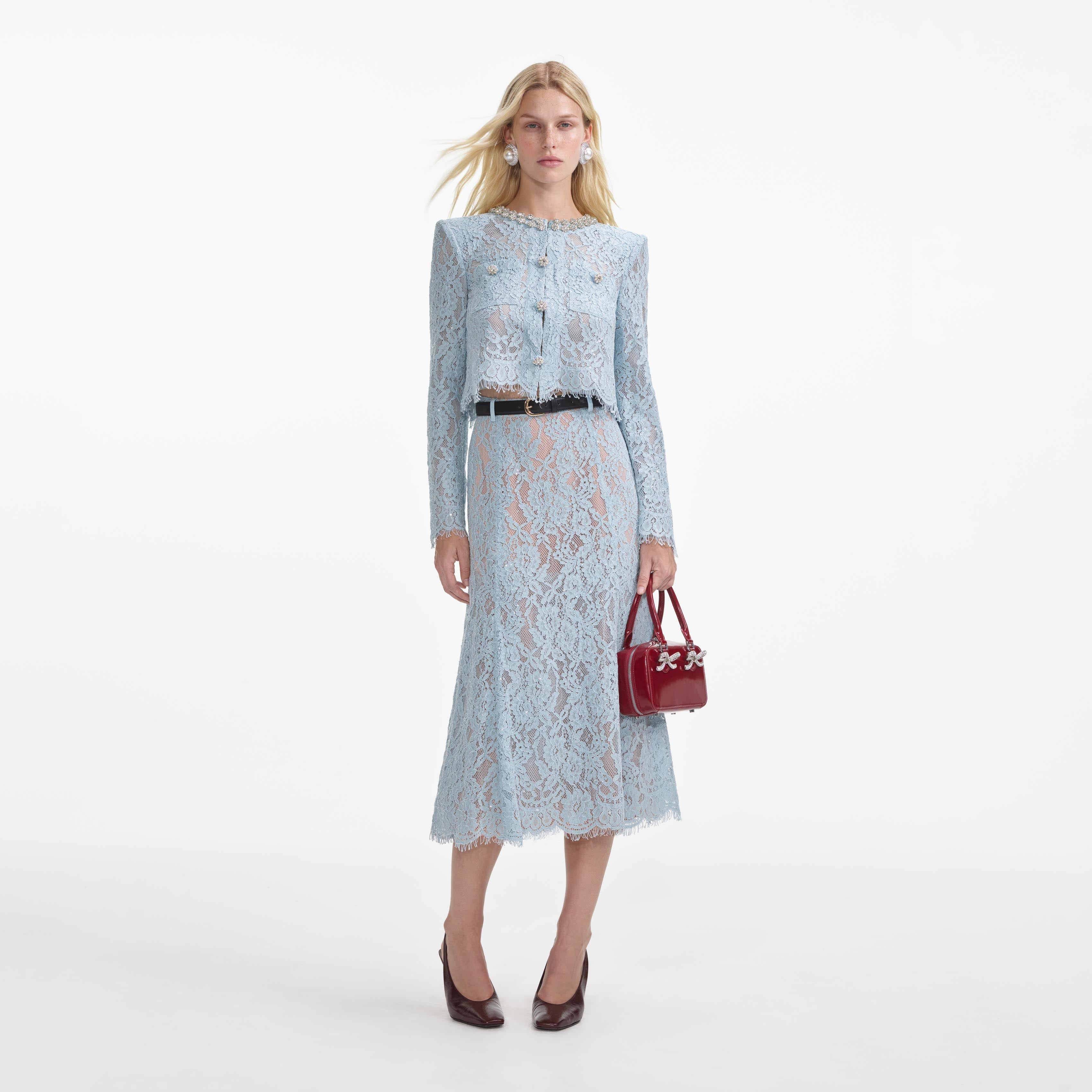self-portrait - Blue Lace Flared Midi Skirt - US 0 self-portrait - Blue Lace Flared Midi Skirt - US 0