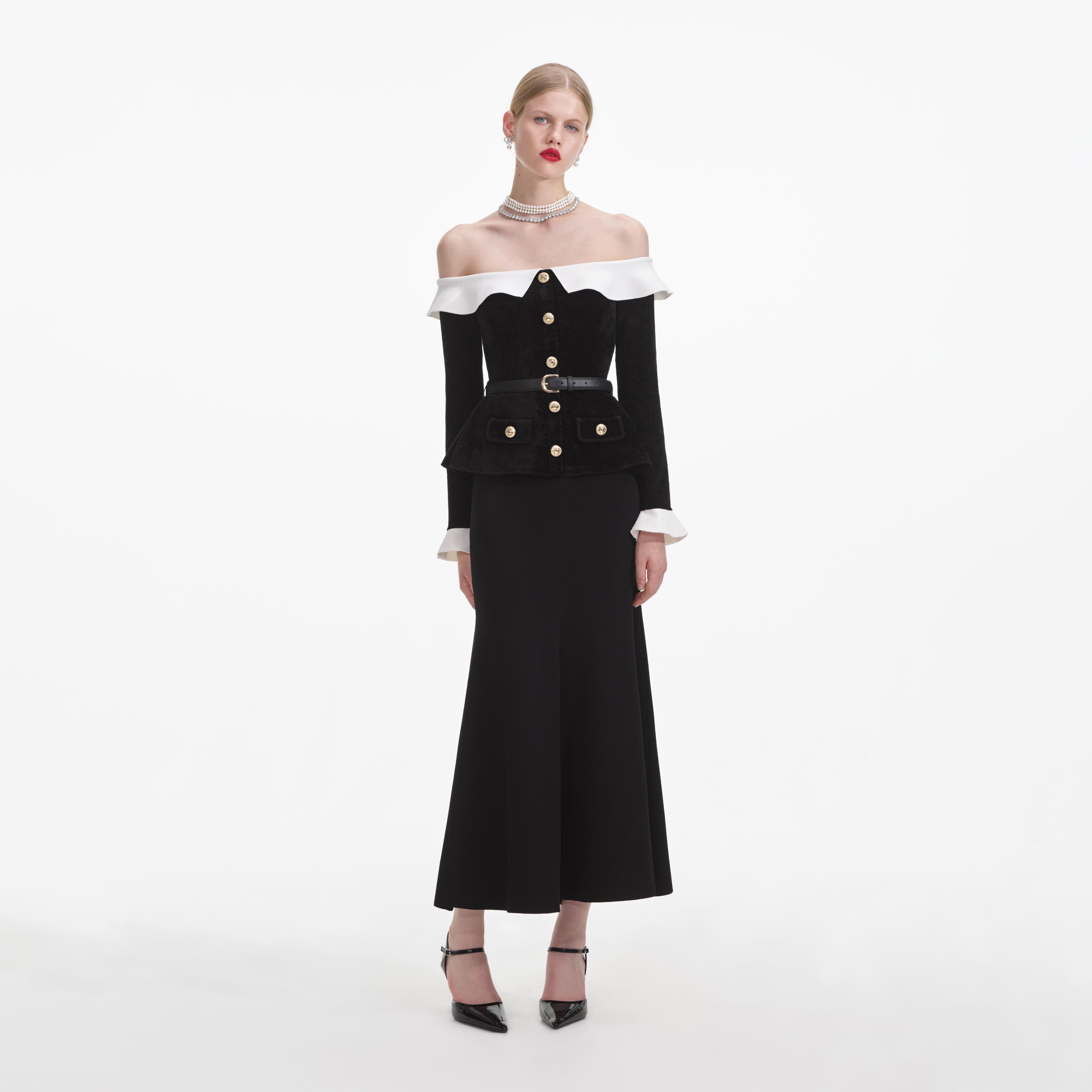 self-portrait - Black Chenille Knit Off Shoulder Midi Dress self-portrait - Black Chenille Knit Off Shoulder Midi Dress
