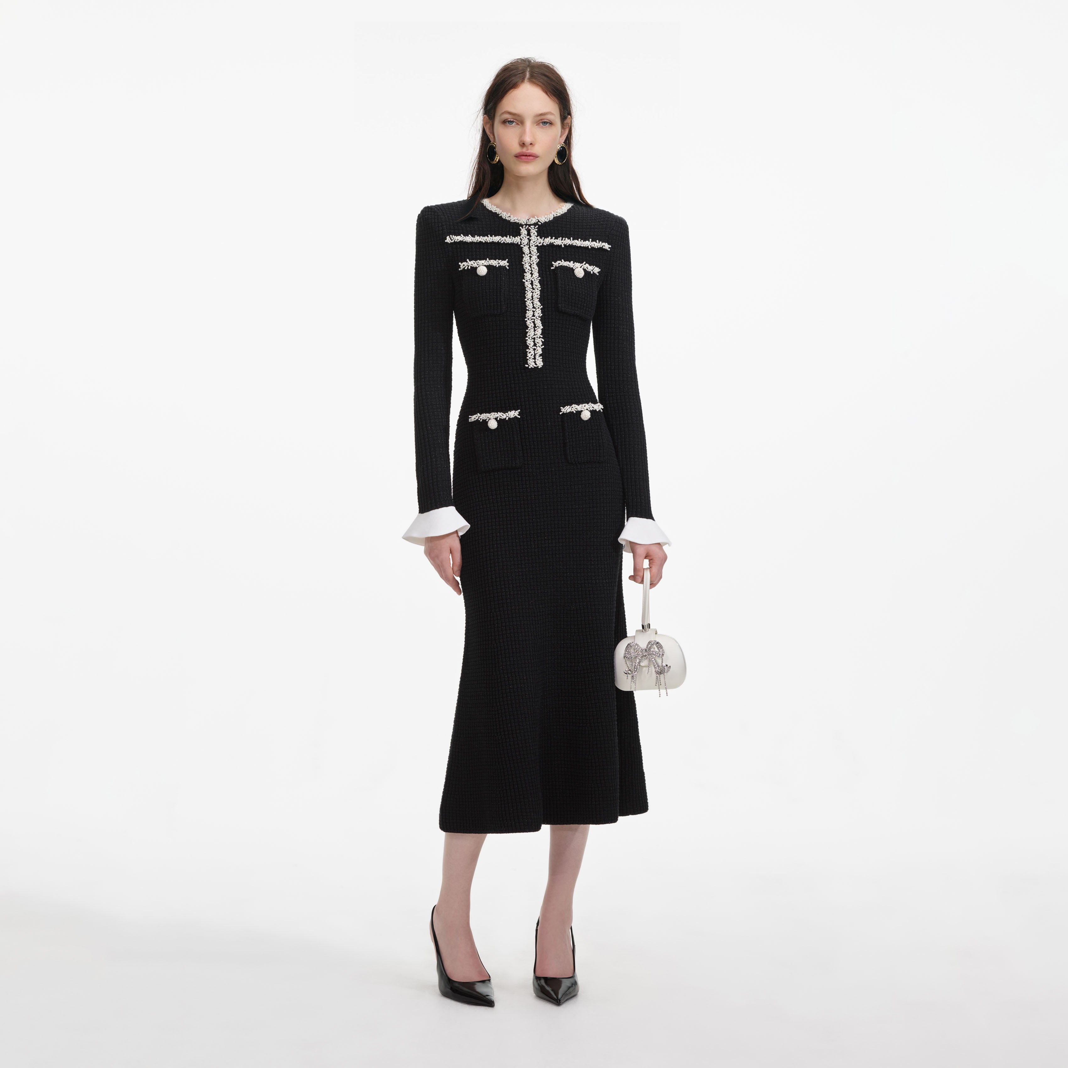 Black Pearl Trim Knit Midi Dress Black Pearl Trim Knit Midi Dress