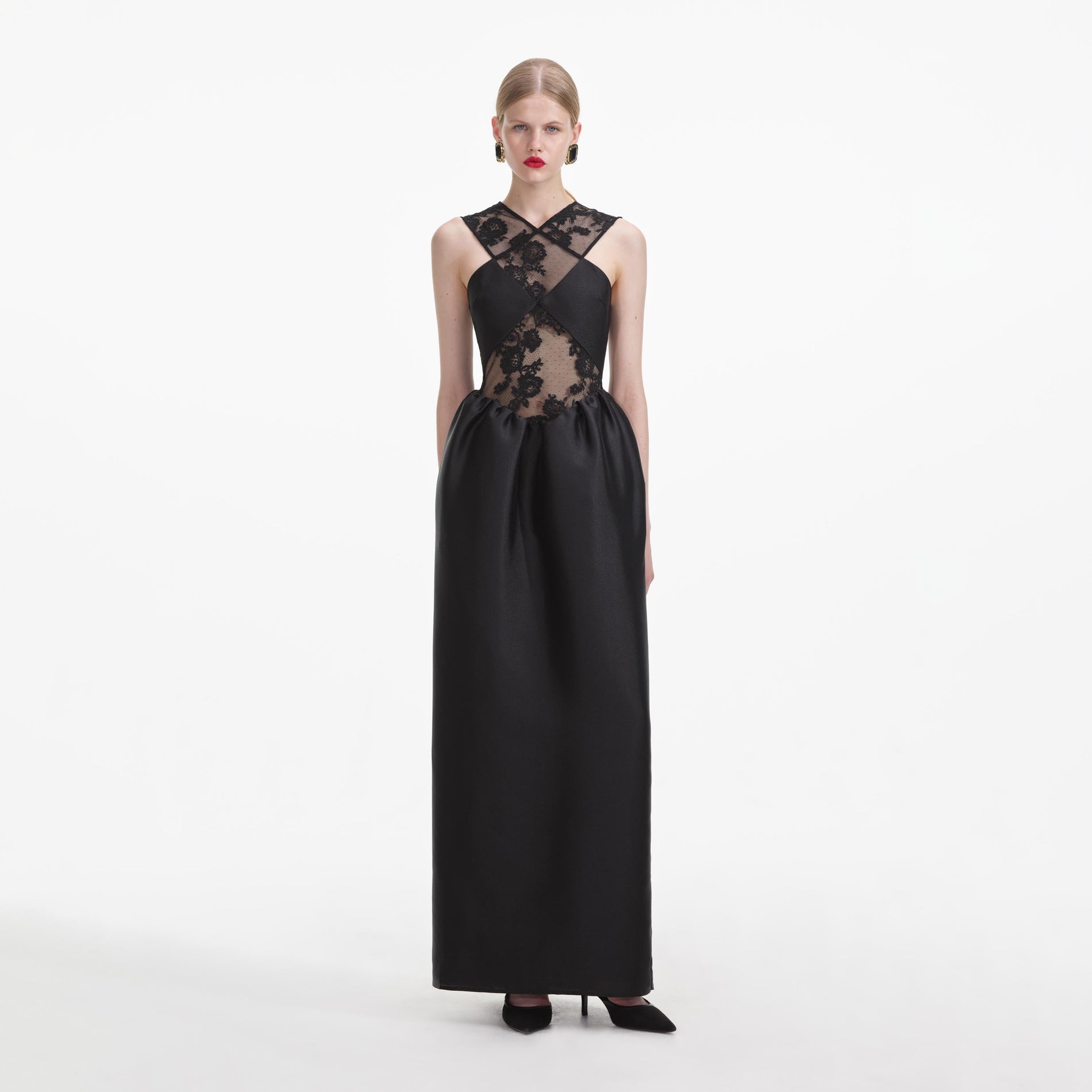 Front view of a woman wearing the Black Lace Taffeta Maxi Dress