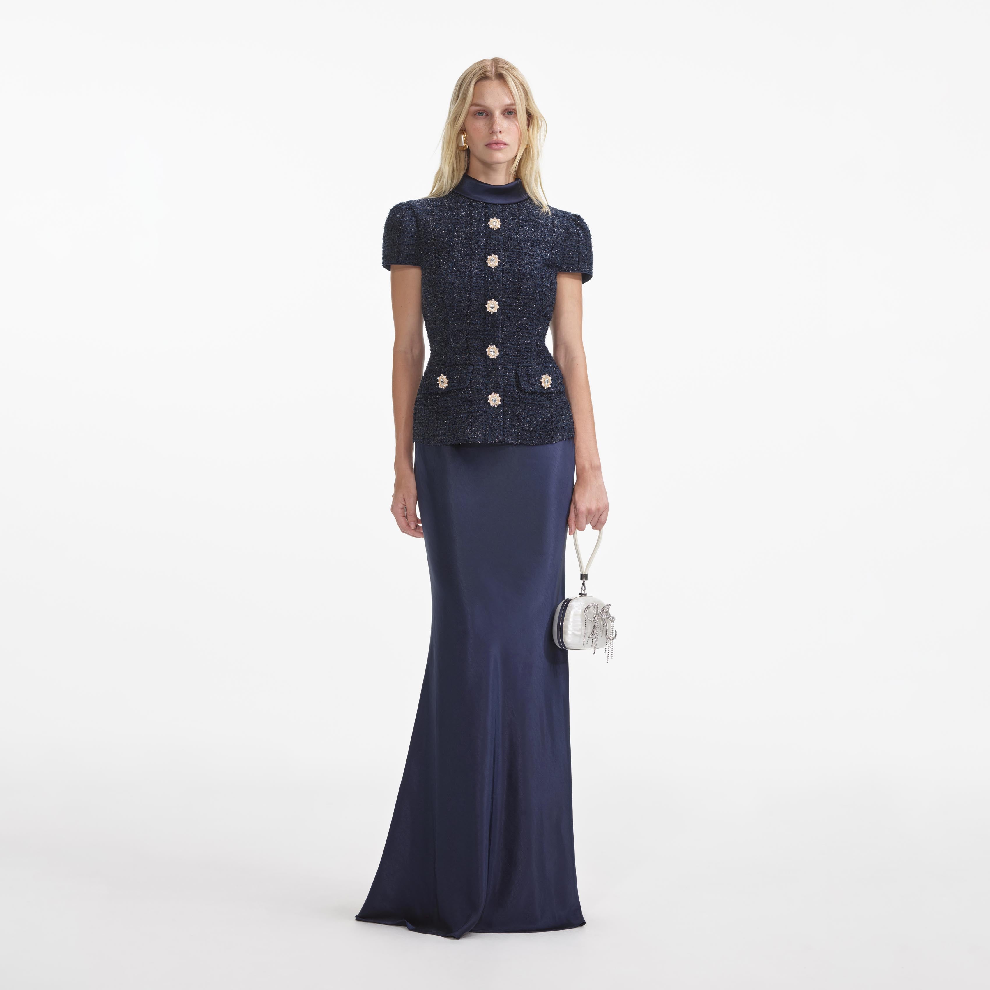 Navy Metallic Boucle Maxi Dress self-portrait-US Navy Metallic Boucle Maxi Dress self-portrait-US