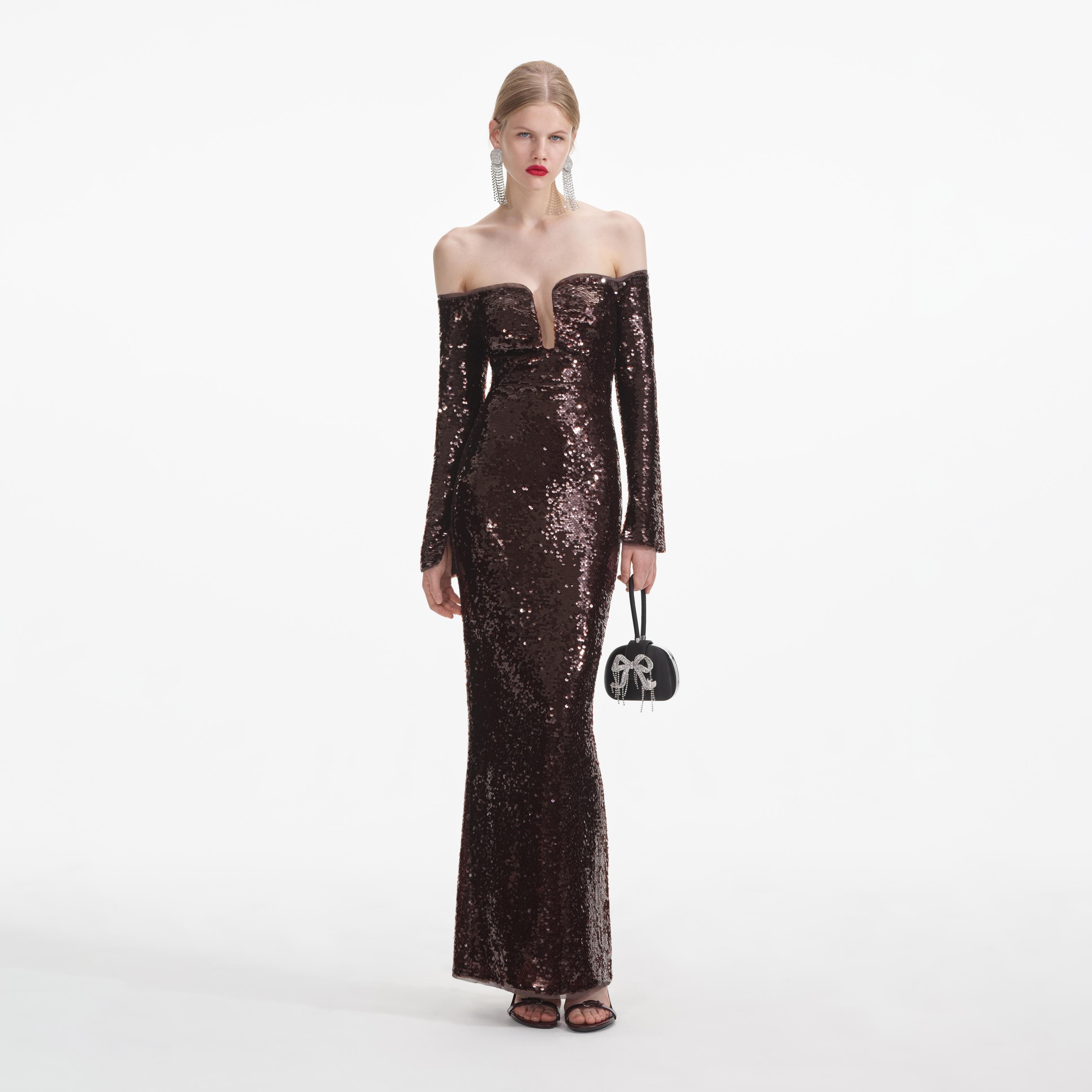 self-portrait - Brown Sequin Off Shoulder Maxi Dress self-portrait - Brown Sequin Off Shoulder Maxi Dress