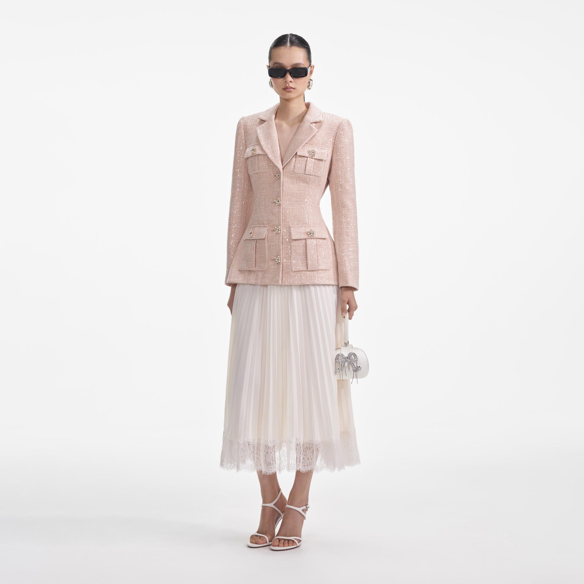 Side view of a woman wearing the Sequin Boucle Chiffon Midi Dress