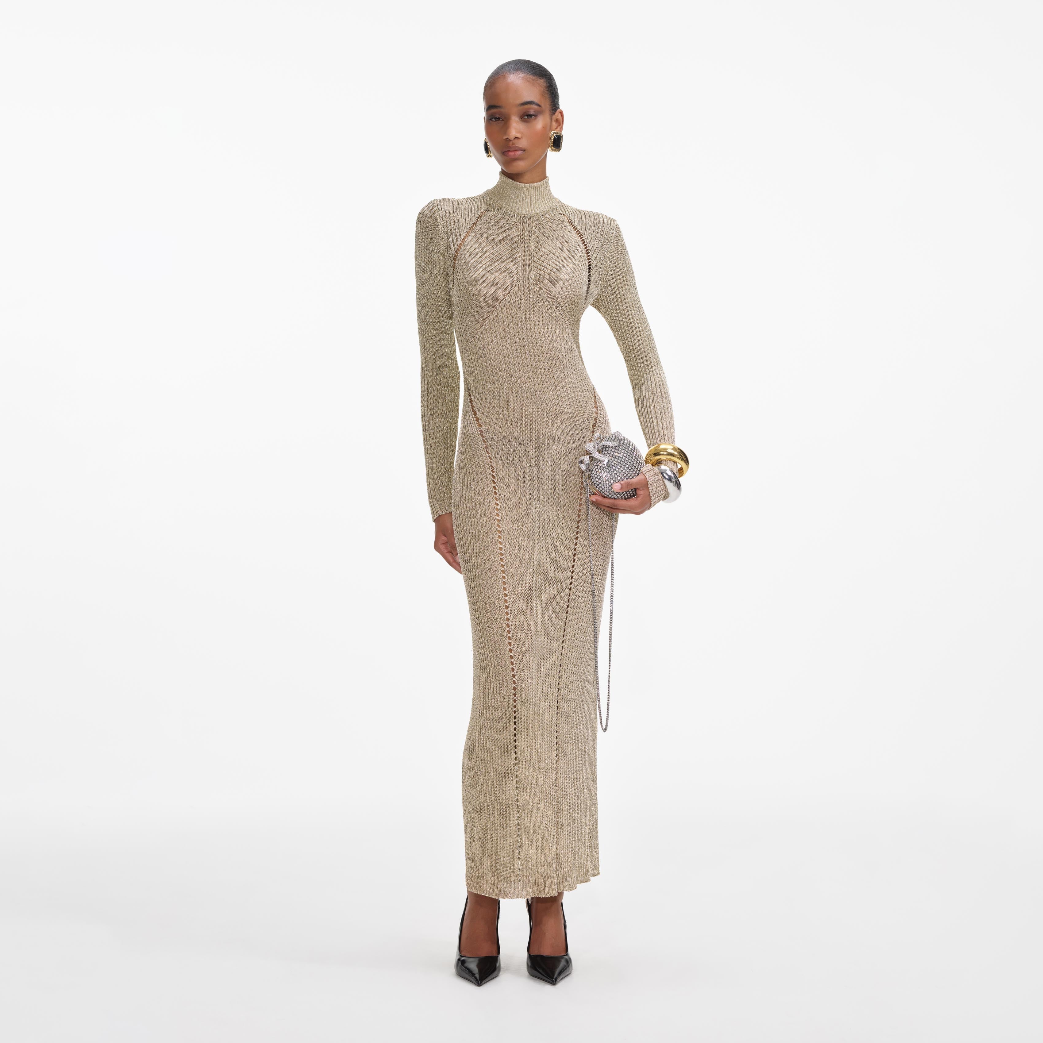 self-portrait - Gold Lurex Knit Maxi Dress