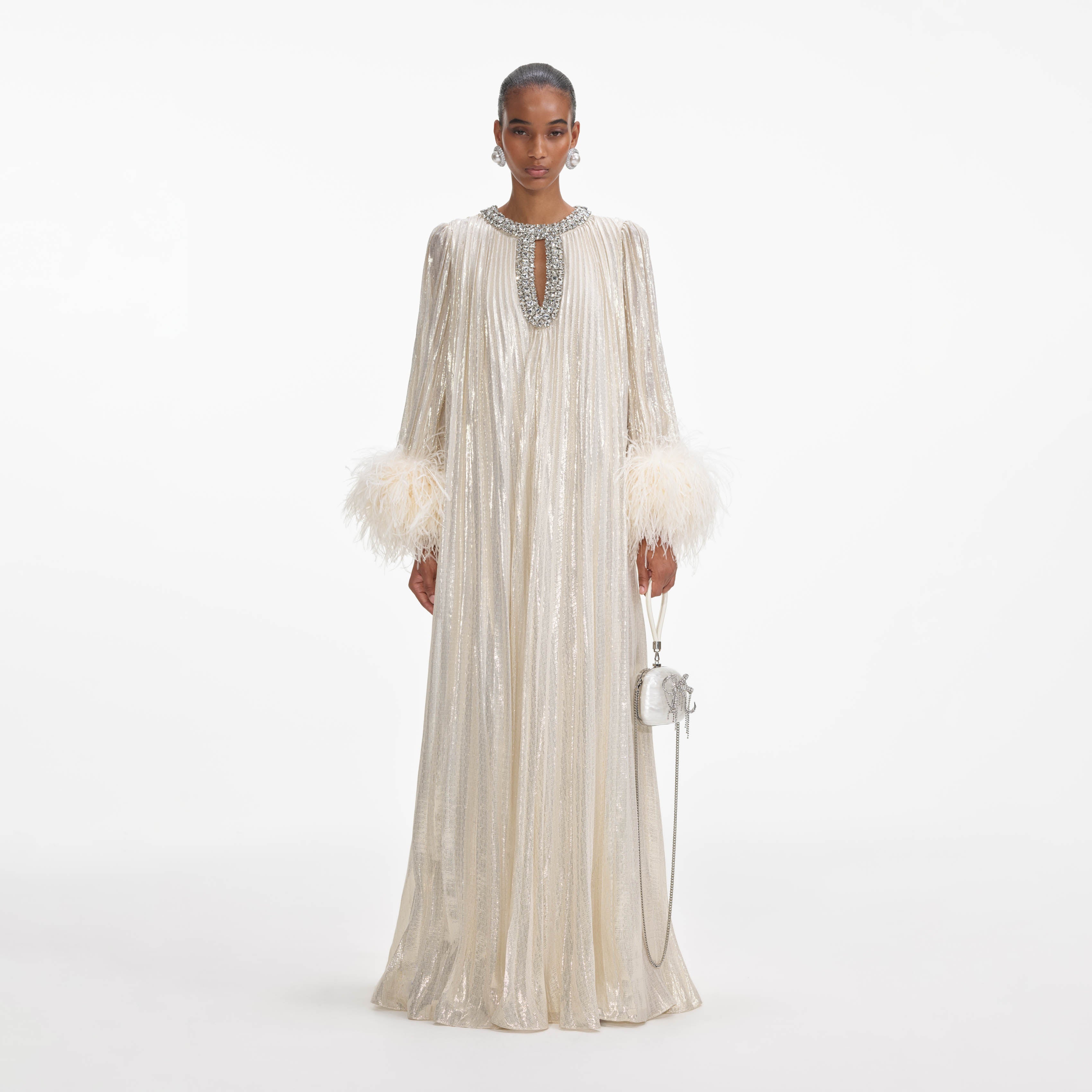 Self-Portrait - Gold Metallic Feather Maxi Dress - US 0 Self-Portrait - Gold Metallic Feather Maxi Dress - US 0