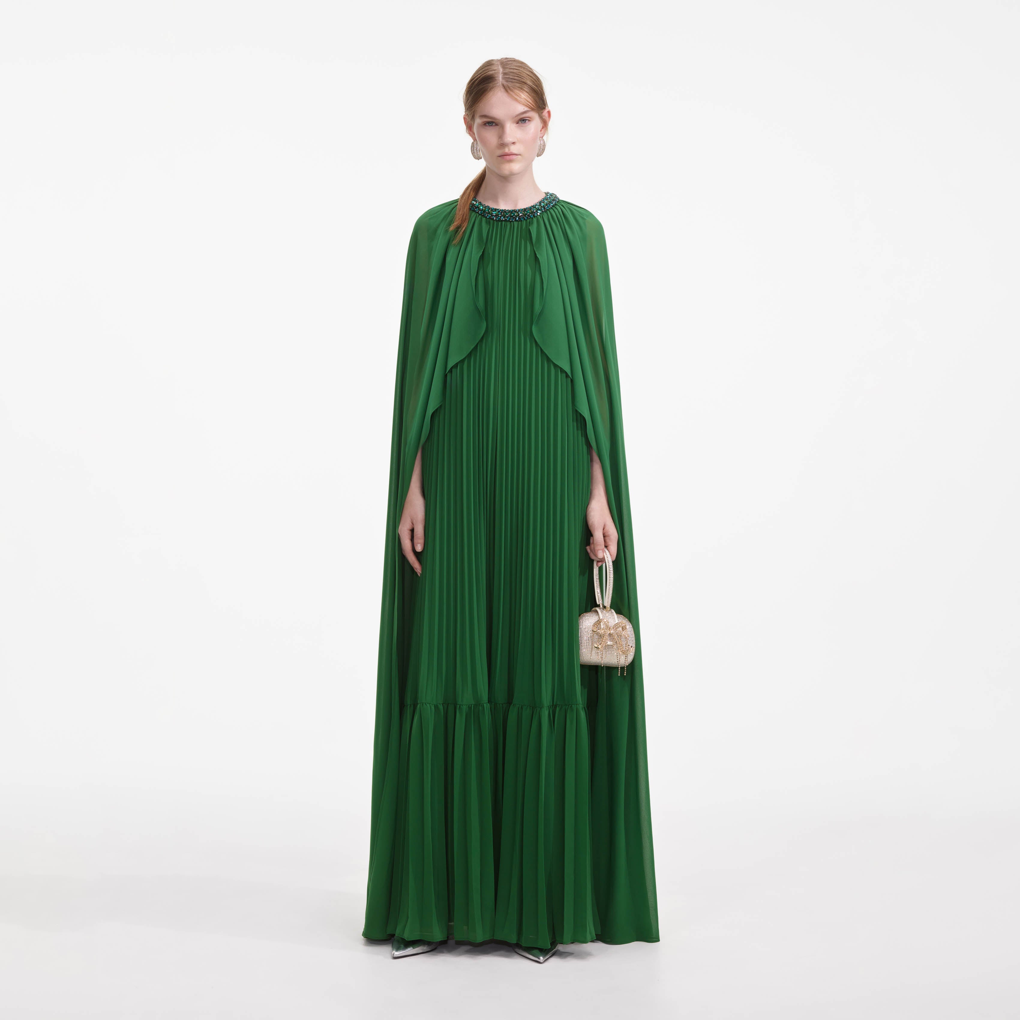 green pleated maxi dress self-portrait - Green Chiffon Cape Maxi Dress