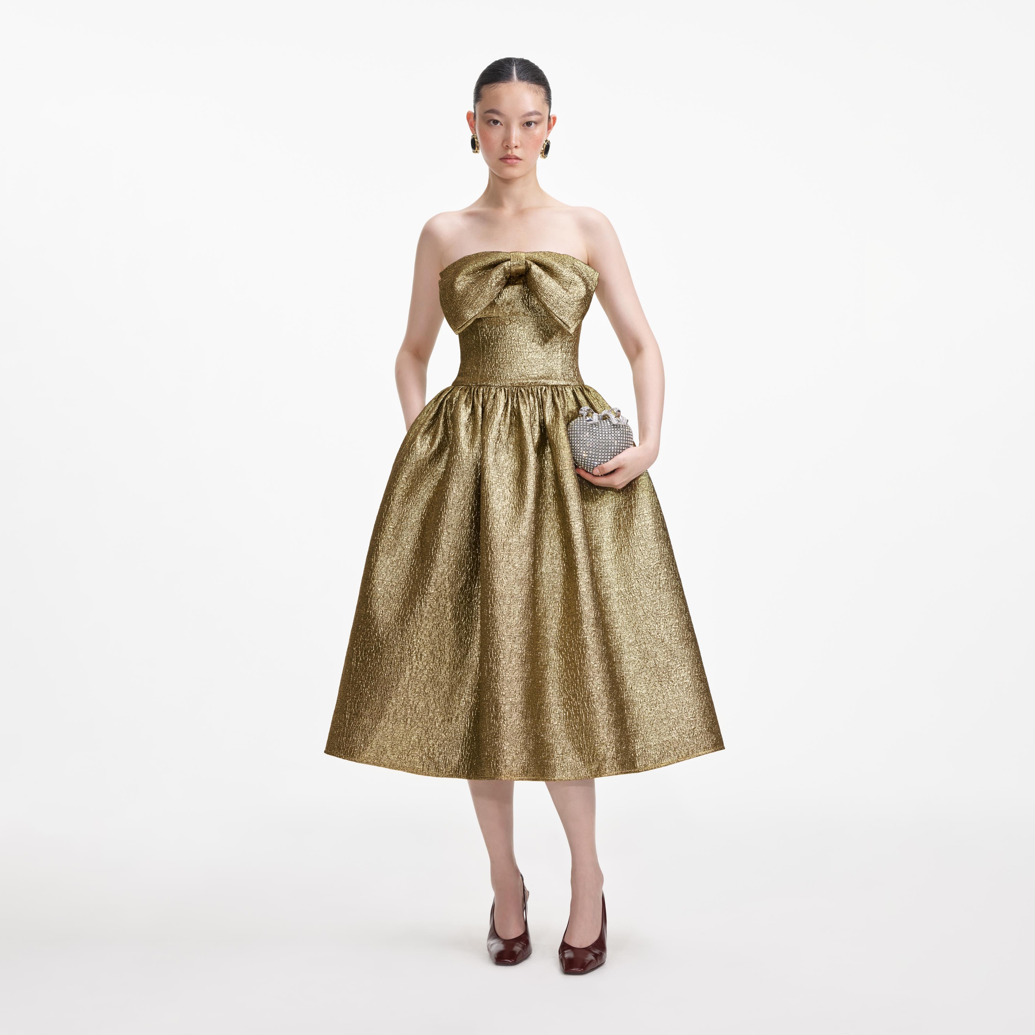 self-portrait - Gold Metallic Jacquard Midi Dress self-portrait - Gold Metallic Jacquard Midi Dress