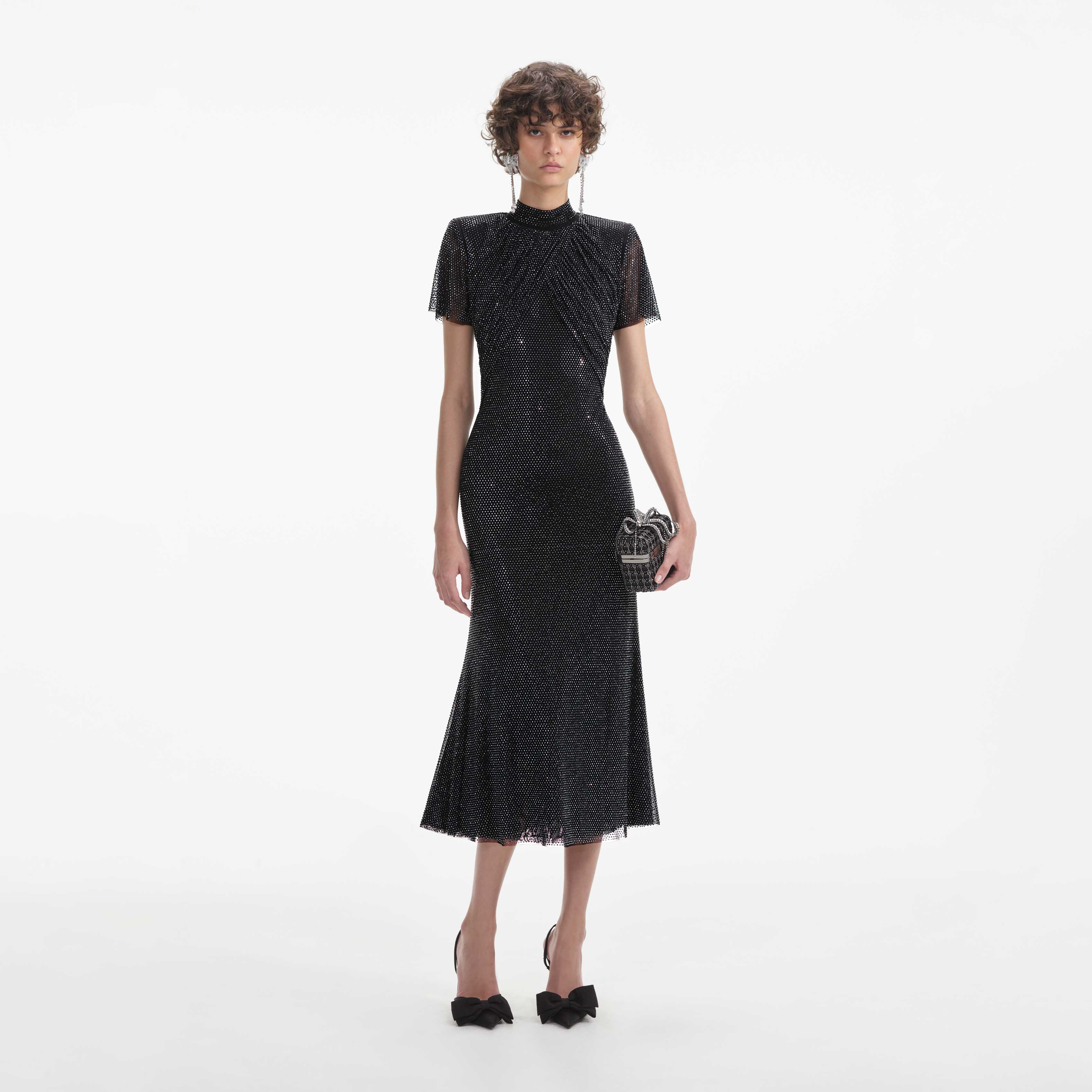self portrait black rhinestone mesh long sleeve midi dress BLACK RHINESTONE MESH V-NECK MIDI DRESS