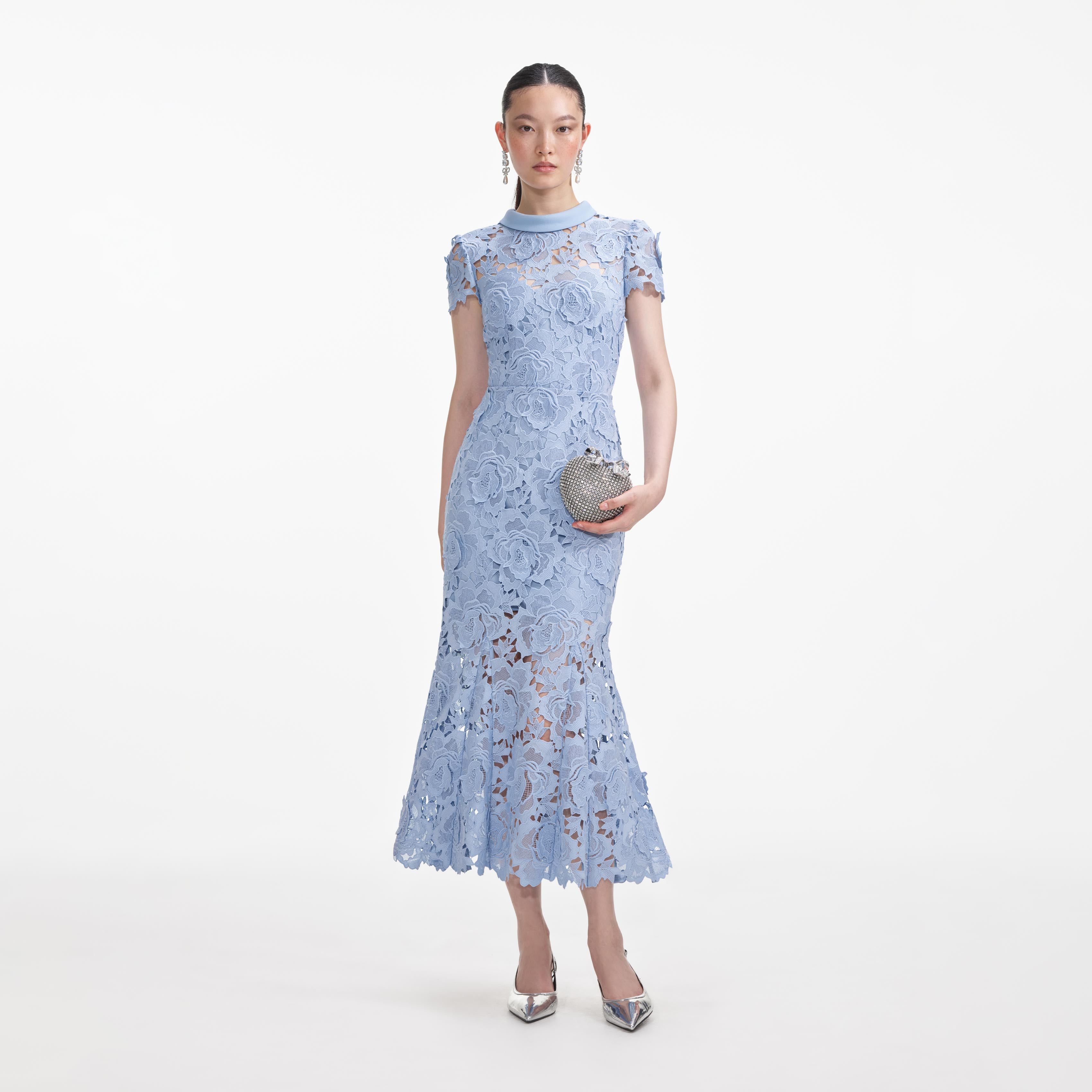 Self-Portrait - Blue Flower Lace Contrast Collar Midi Dress - US 10 Self-Portrait - Blue Flower Lace Contrast Collar Midi Dress - US 10
