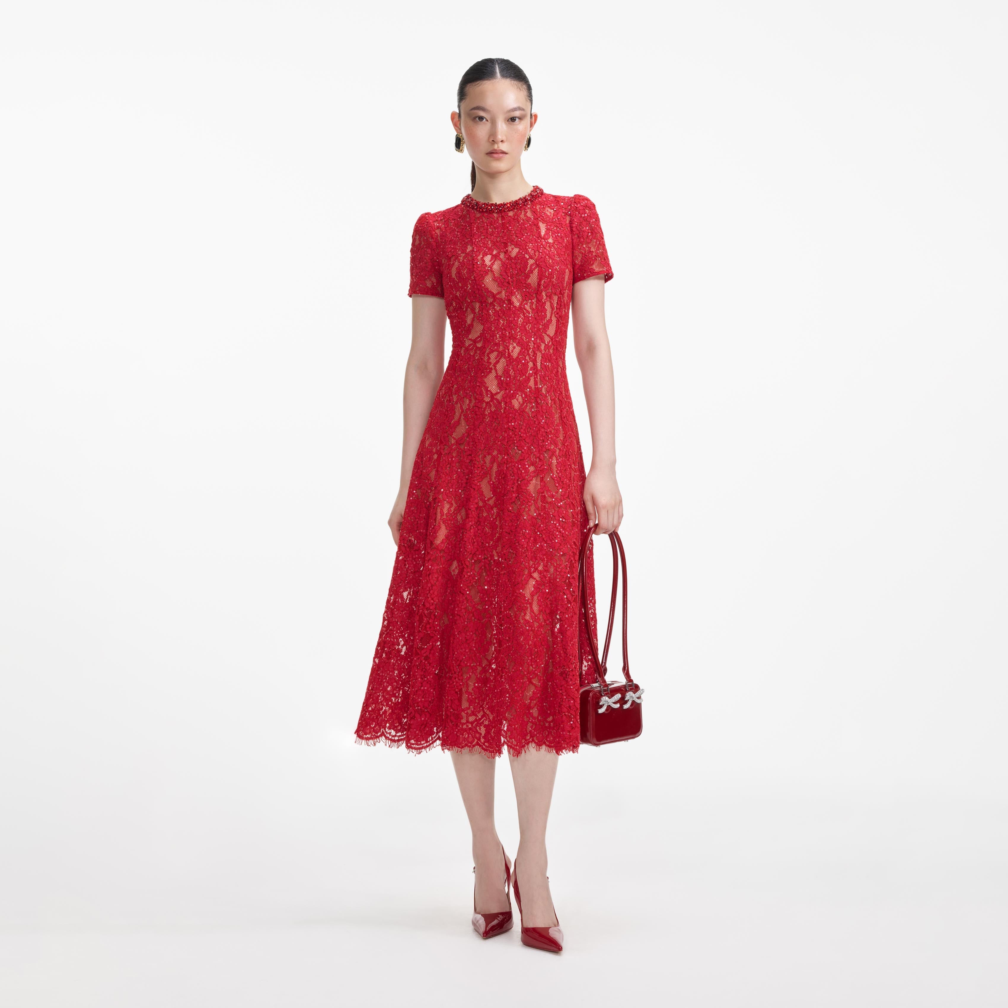 self-portrait - Red Sequin Lace Midi Dress - US 10 self-portrait - Red Sequin Lace Midi Dress - US 10