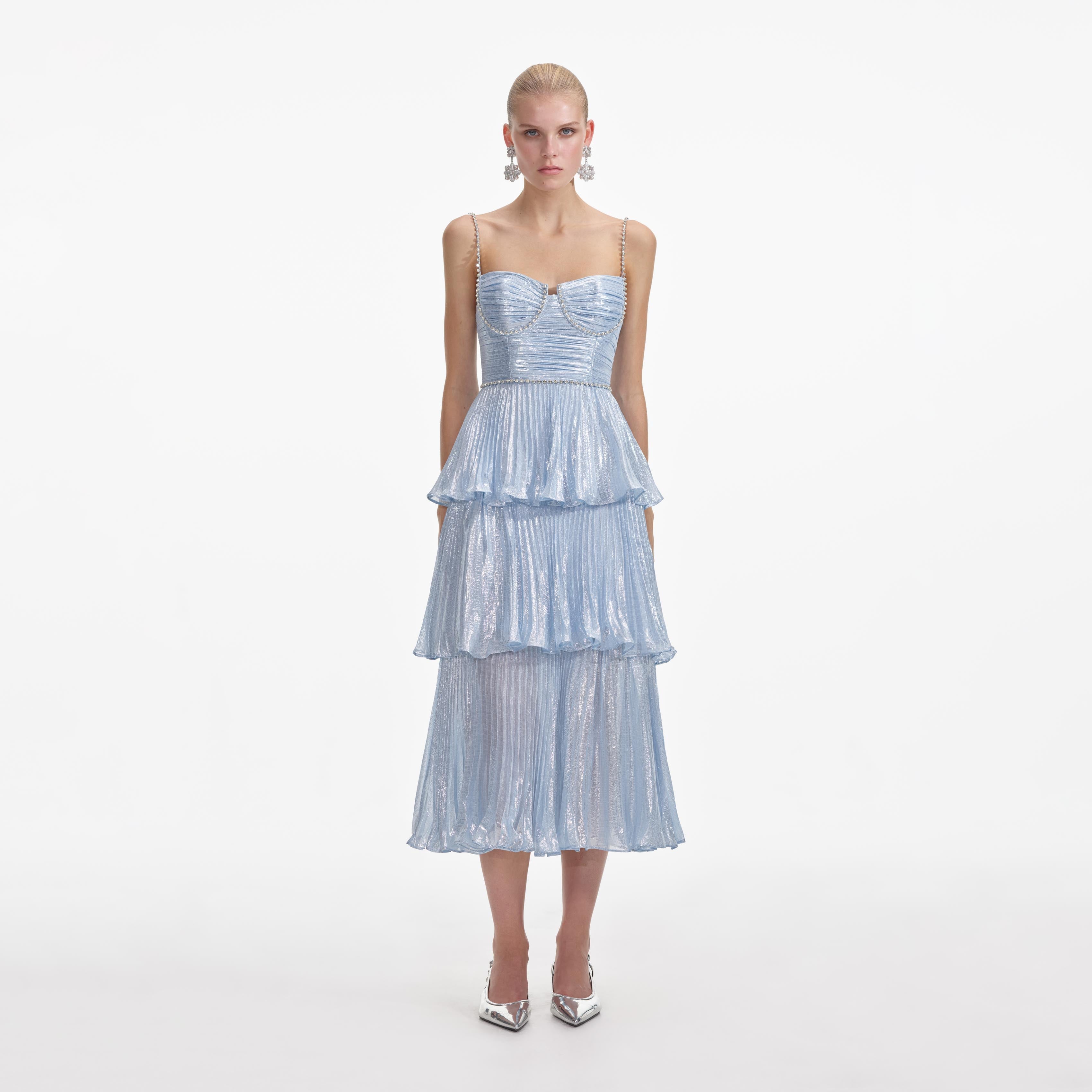 Blue Metallic Tiered Midi Dress Blue Metallic Tiered Midi Dress