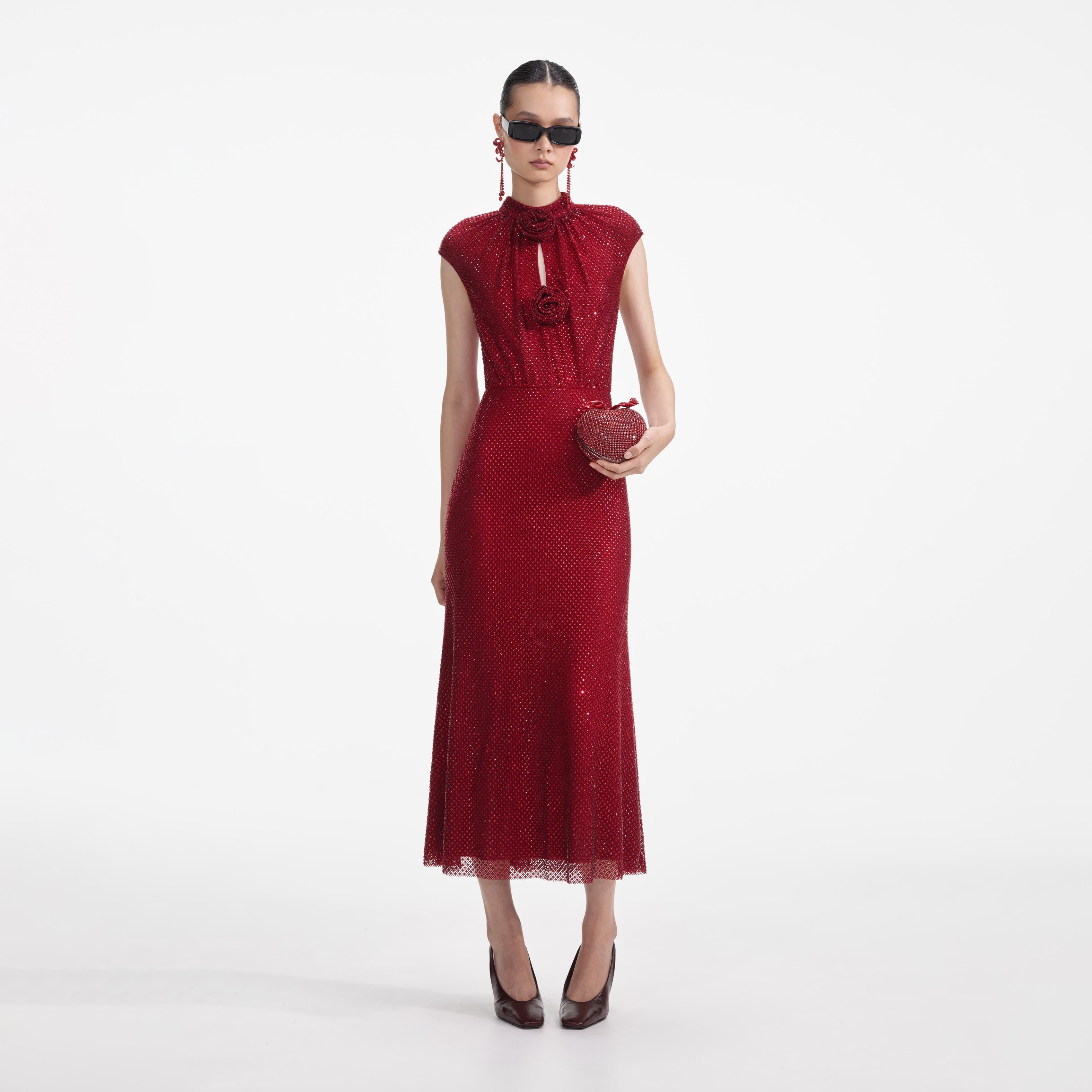 self-portrait - Red Rhinestone Fishnet Midi Dress - US 4 self-portrait - Red Rhinestone Fishnet Midi Dress - US 4