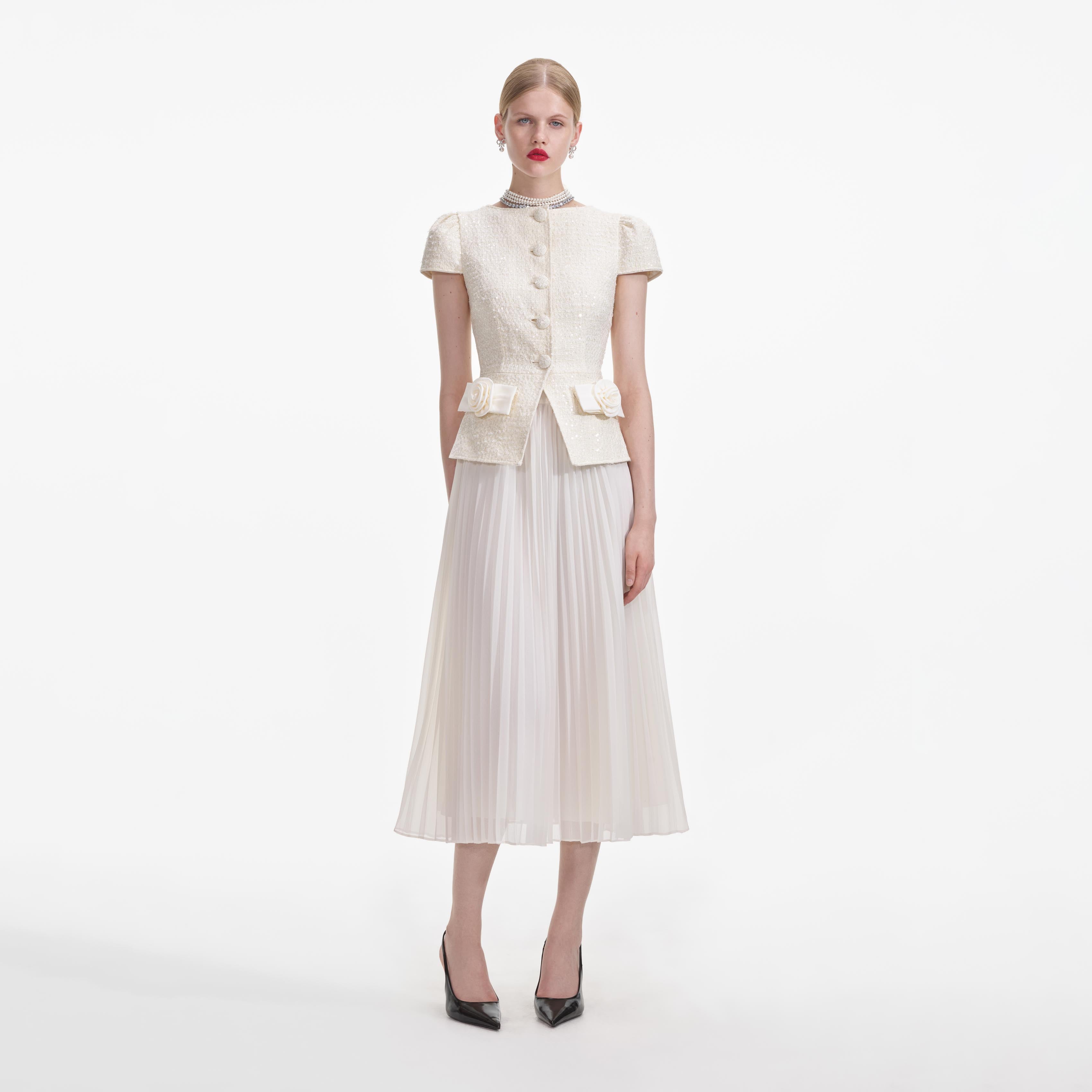 Self-Portrait - Cream Boucle Bow Detail Midi Dress - US 4 Self-Portrait - Cream Boucle Bow Detail Midi Dress - US 4