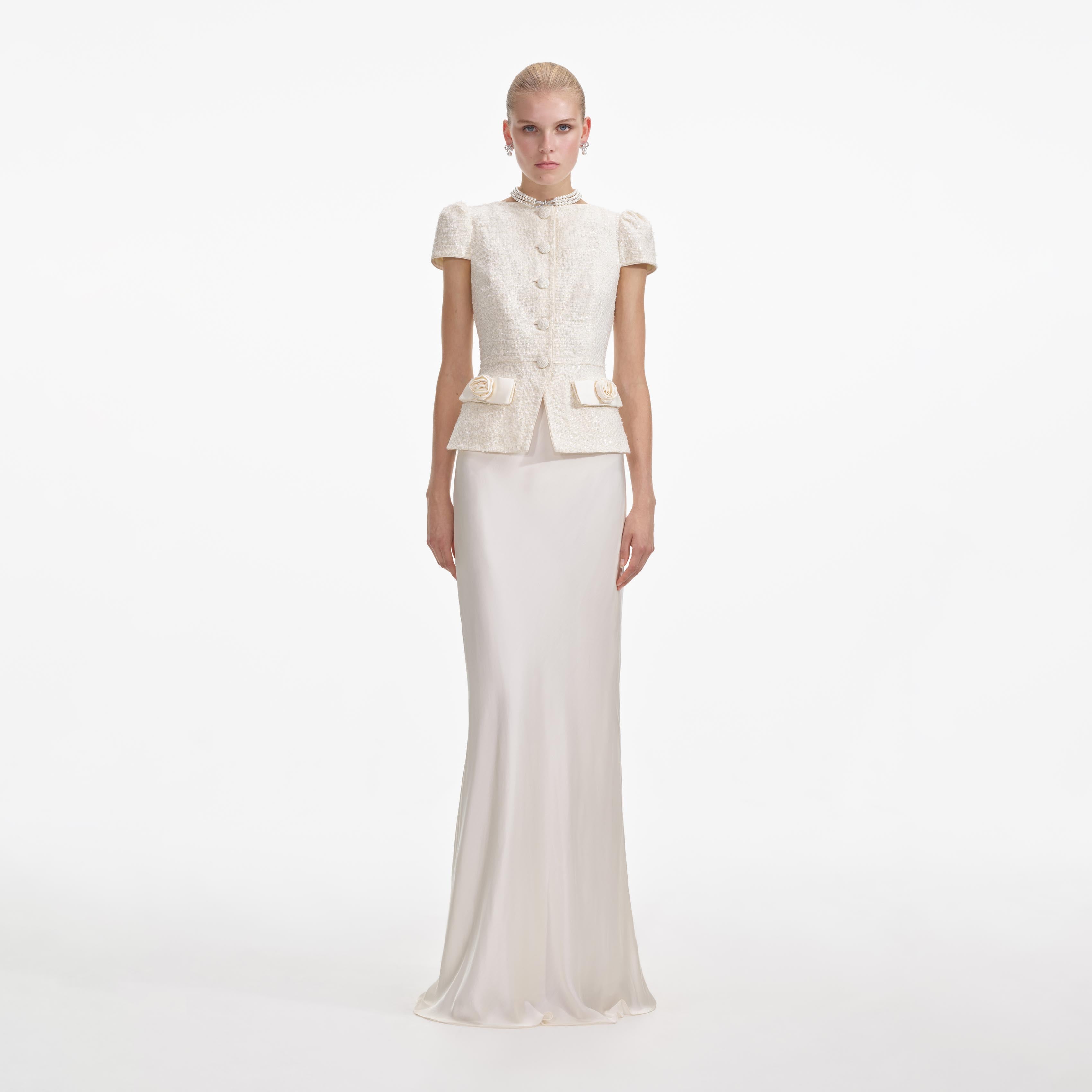 Self-Portrait - Cream Boucle Bow Detail Maxi Dress - US 10 Self-Portrait - Cream Boucle Bow Detail Maxi Dress - US 10