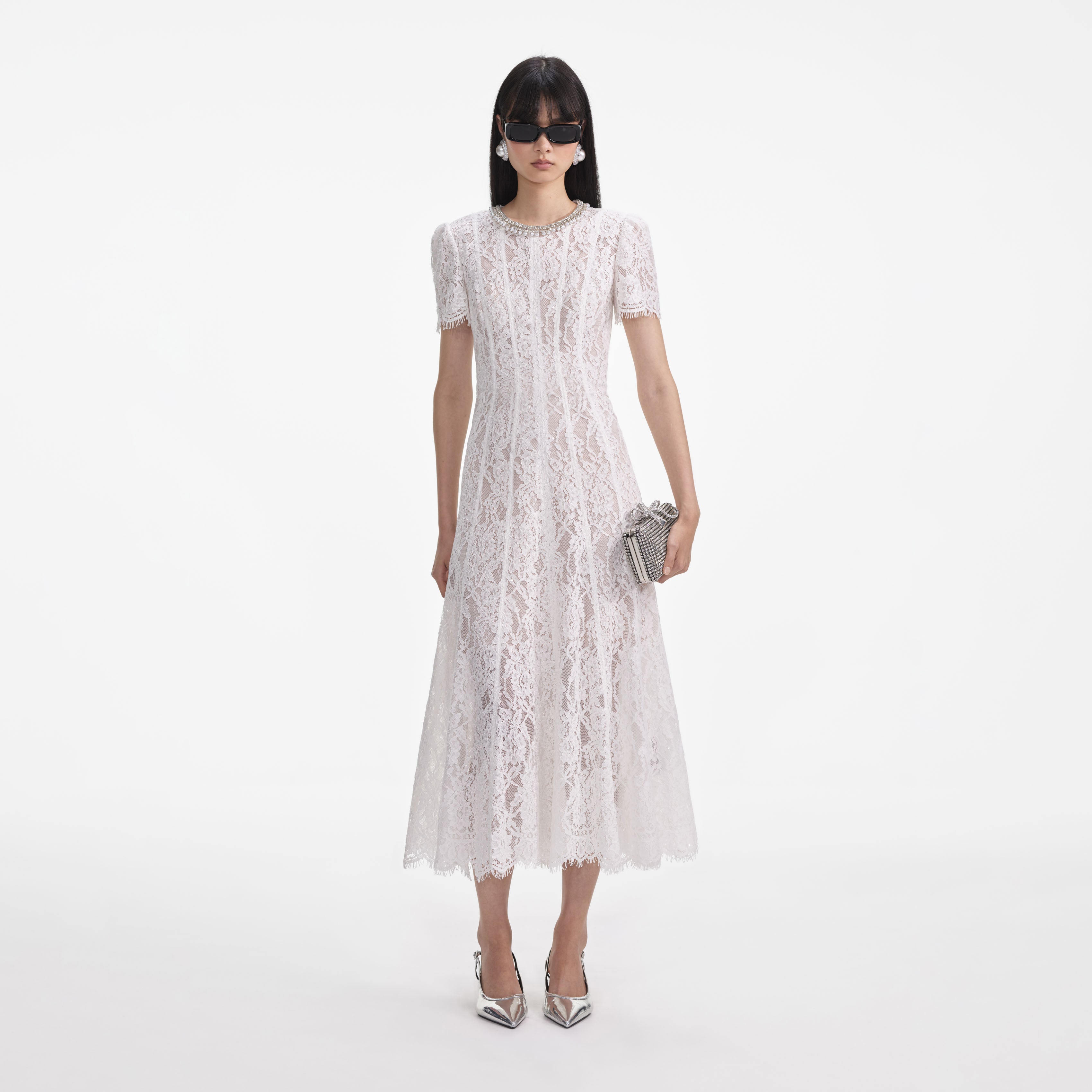 self-portrait - White Sequin Lace Embellished Midi Dress - US 12 self-portrait - White Sequin Lace Embellished Midi Dress - US 12