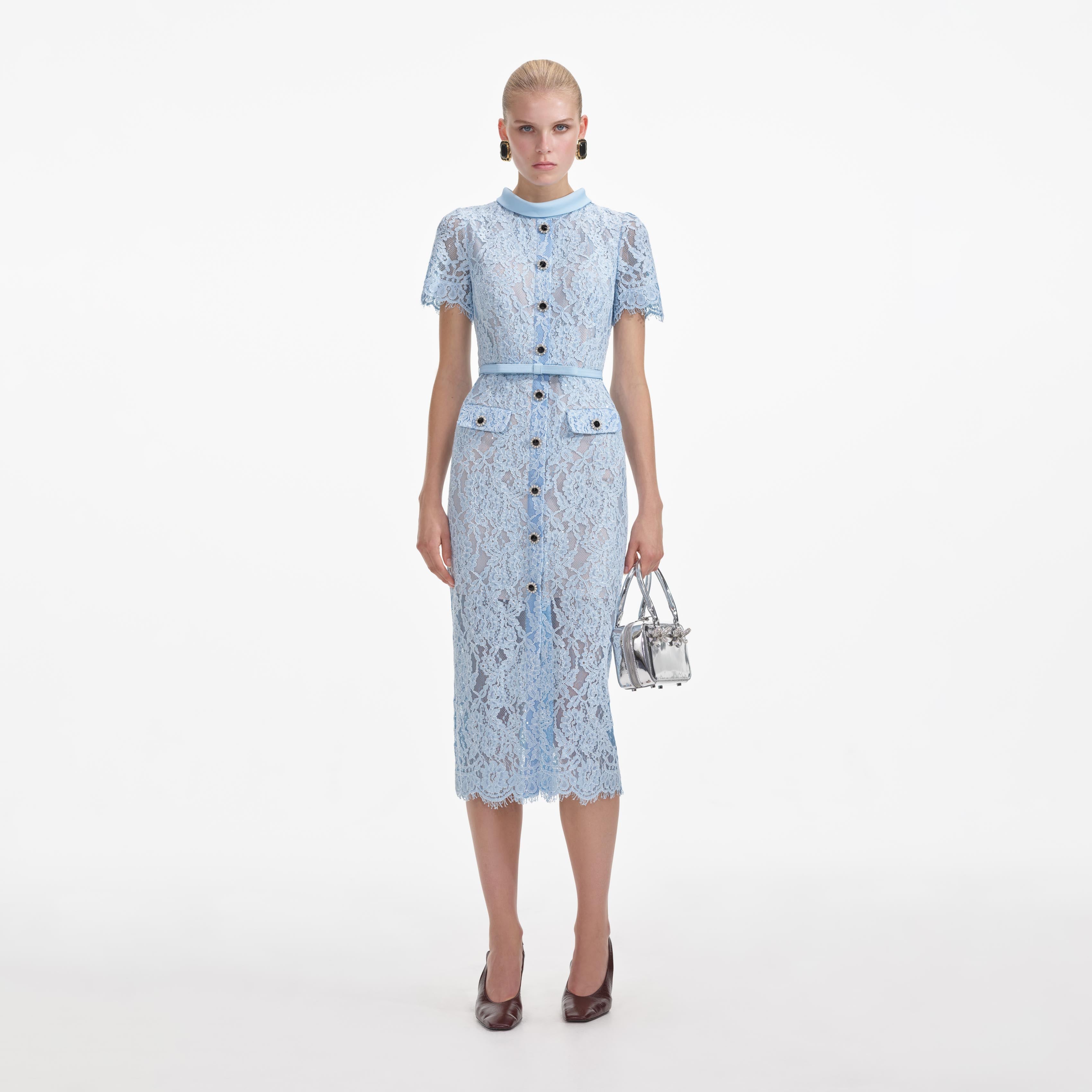 Blue Lace Button Midi Dress – self-portrait-US - Main Image