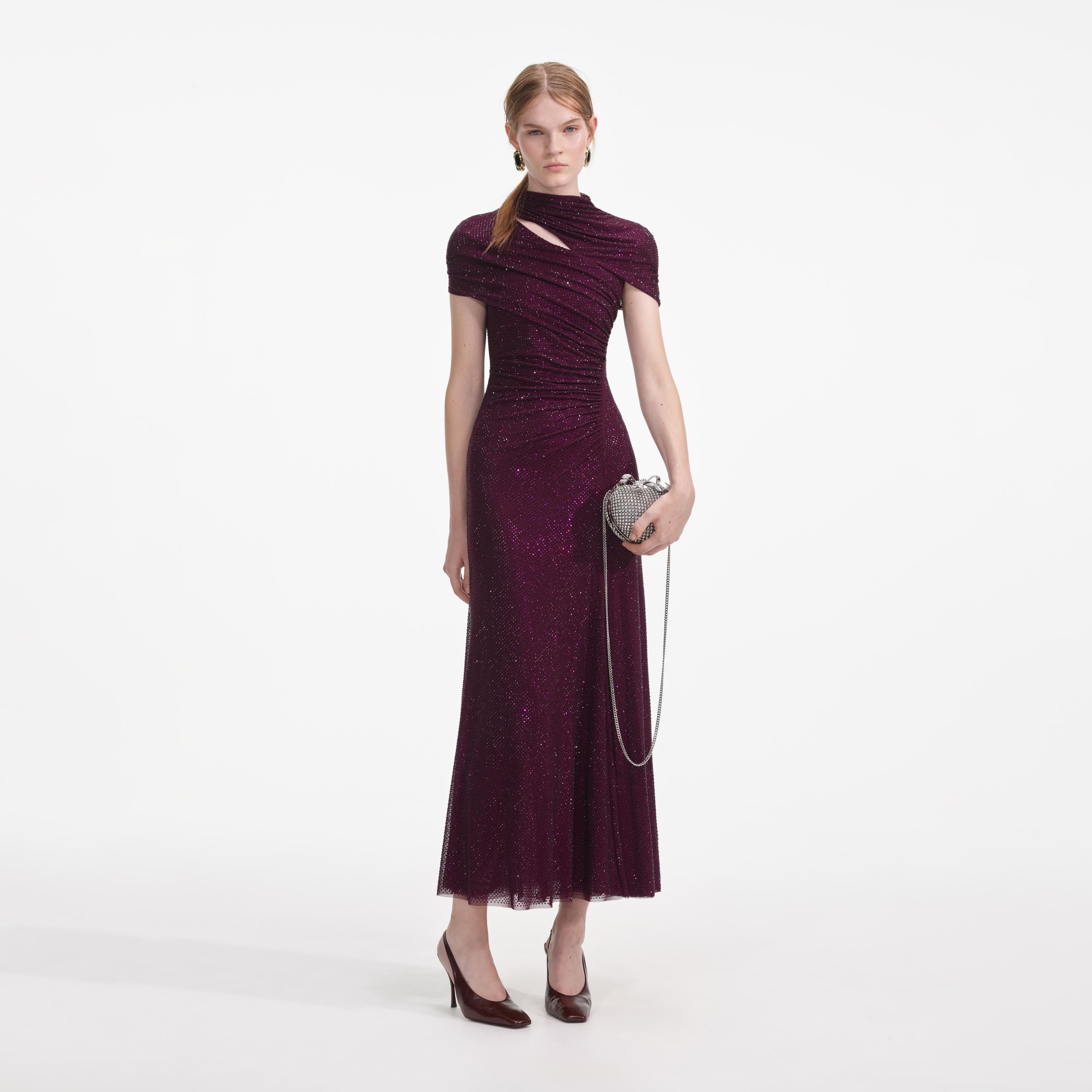 Burgundy Rhinestone Mesh Cut Out Midi Dress self-portrait-US Burgundy Rhinestone Mesh Cut Out Midi Dress self-portrait-US