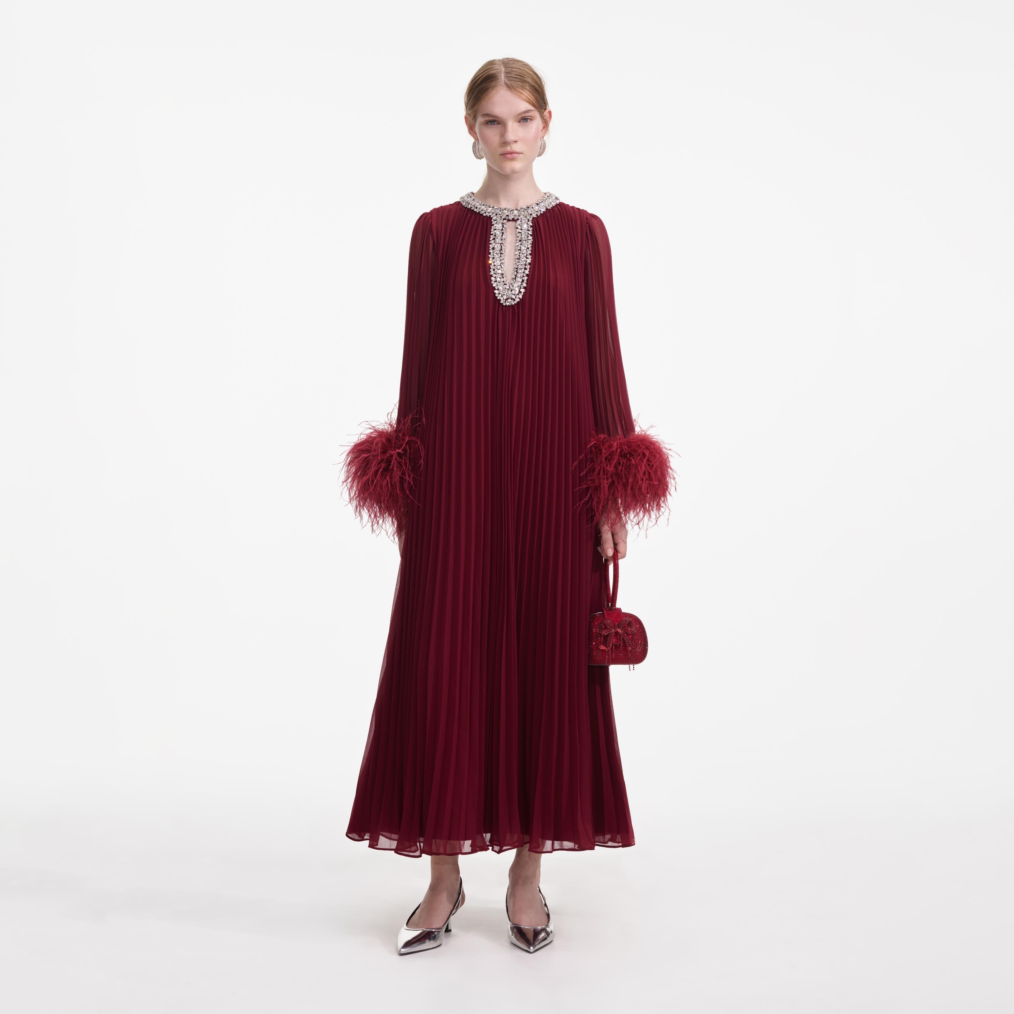 burgundy chiffon dress self-portrait - Burgundy Chiffon Feather Midi Dress