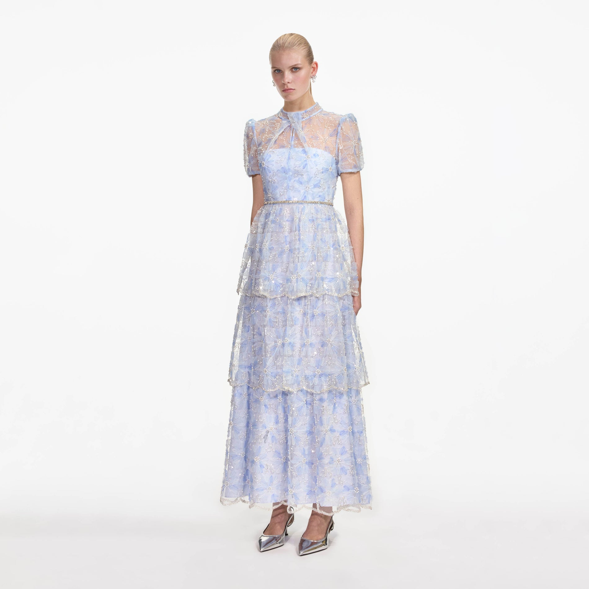 Side view of a woman wearing the Blue Beaded Sequin Lace Maxi Dress