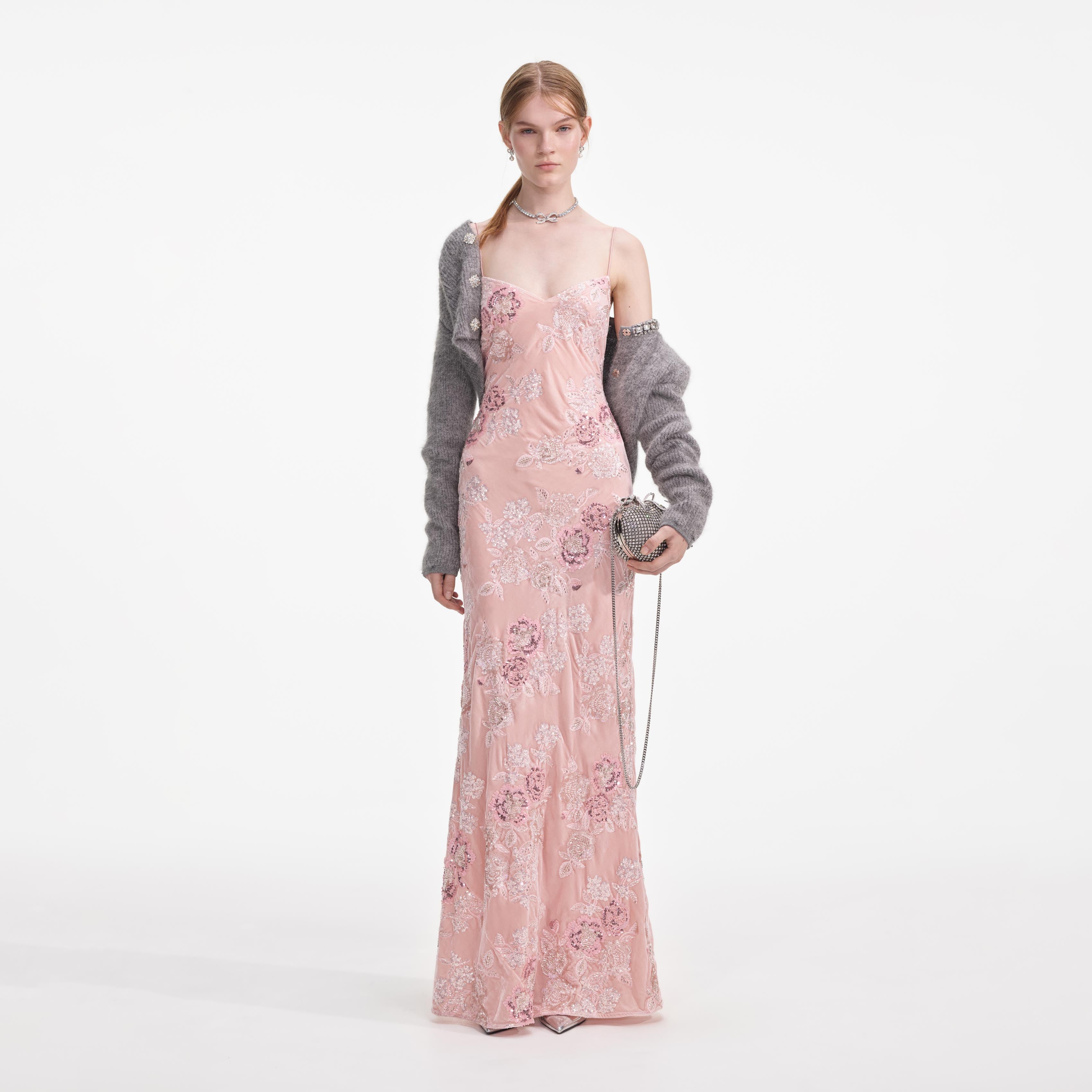 Pink Embellished Velvet Maxi Dress – self-portrait-US Pink Embellished Velvet Maxi Dress – self-portrait-US