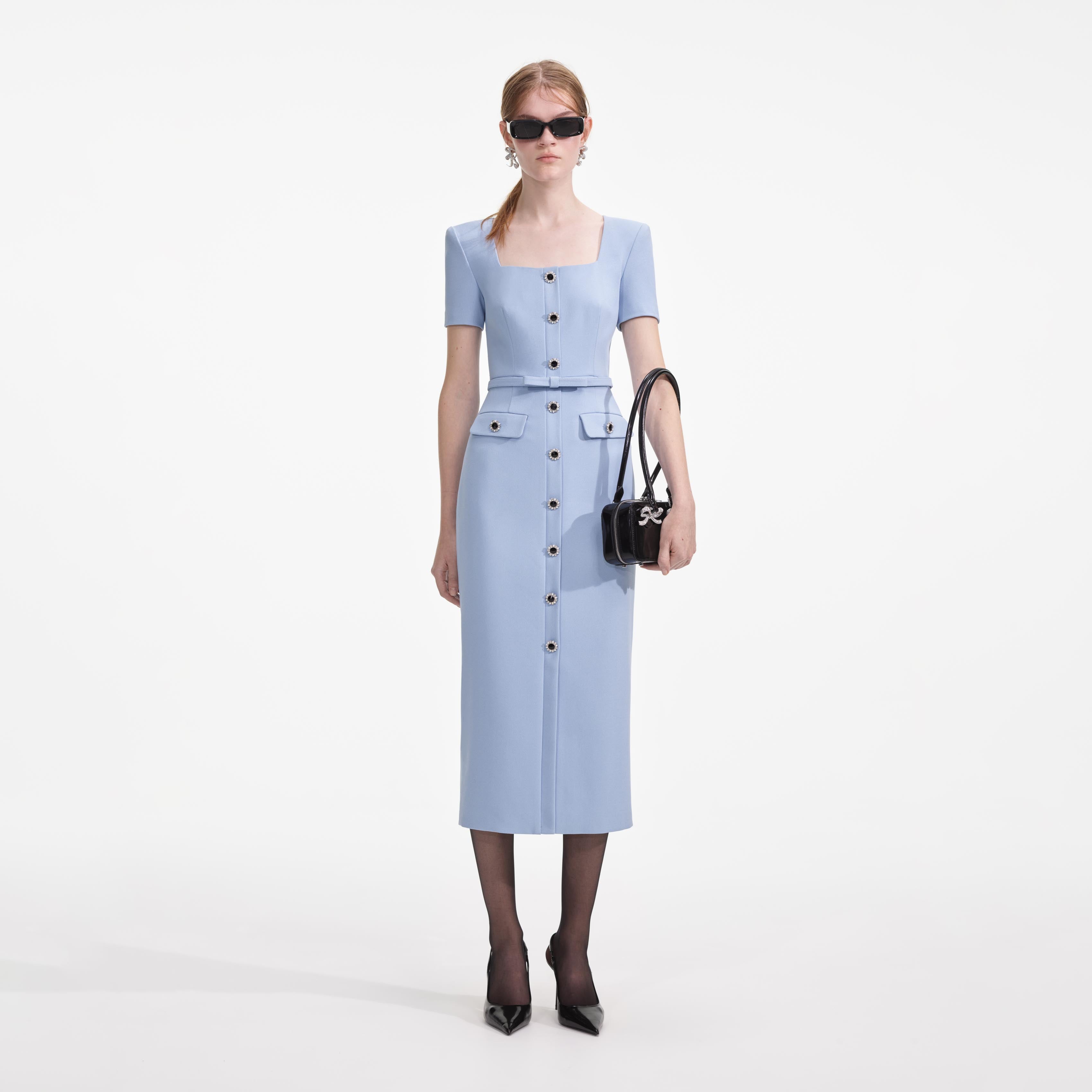 Blue Crepe Button Midi Dress Blue Crepe Button Midi Dress