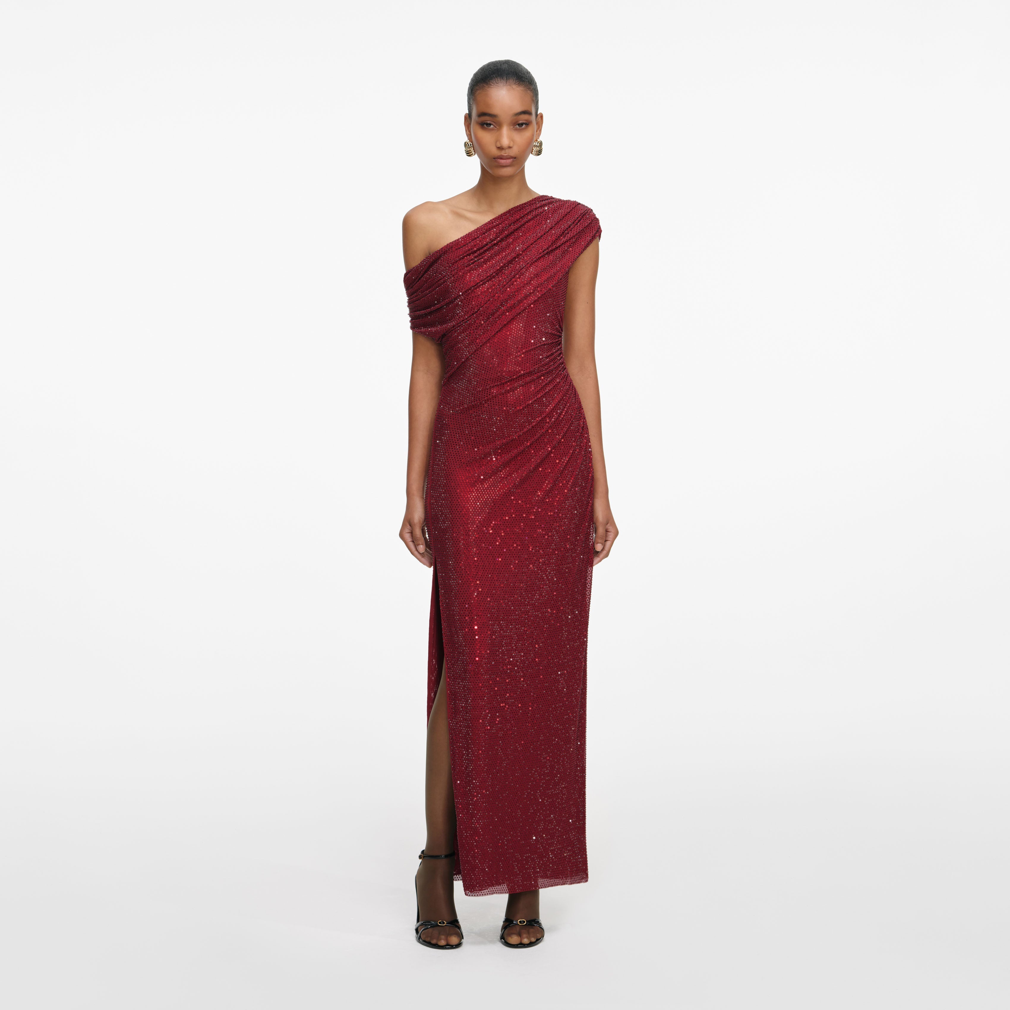 Burgundy Rhinestone Drape Midi Dress self-portrait-US Burgundy Rhinestone Drape Midi Dress self-portrait-US