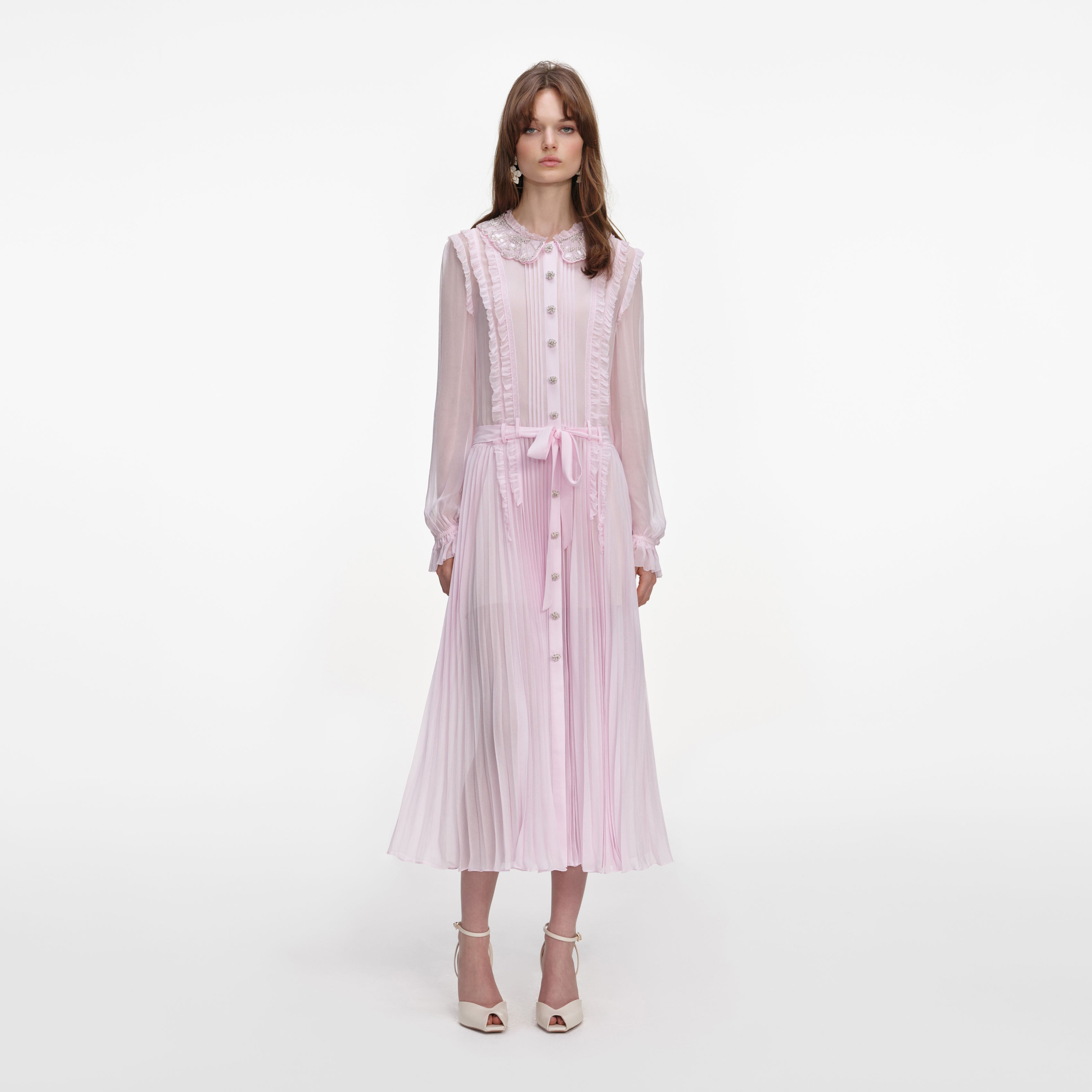 Self-Portrait Pleated Georgette Midi Dress - Pink Self-Portrait Pleated Georgette Midi Dress - Pink