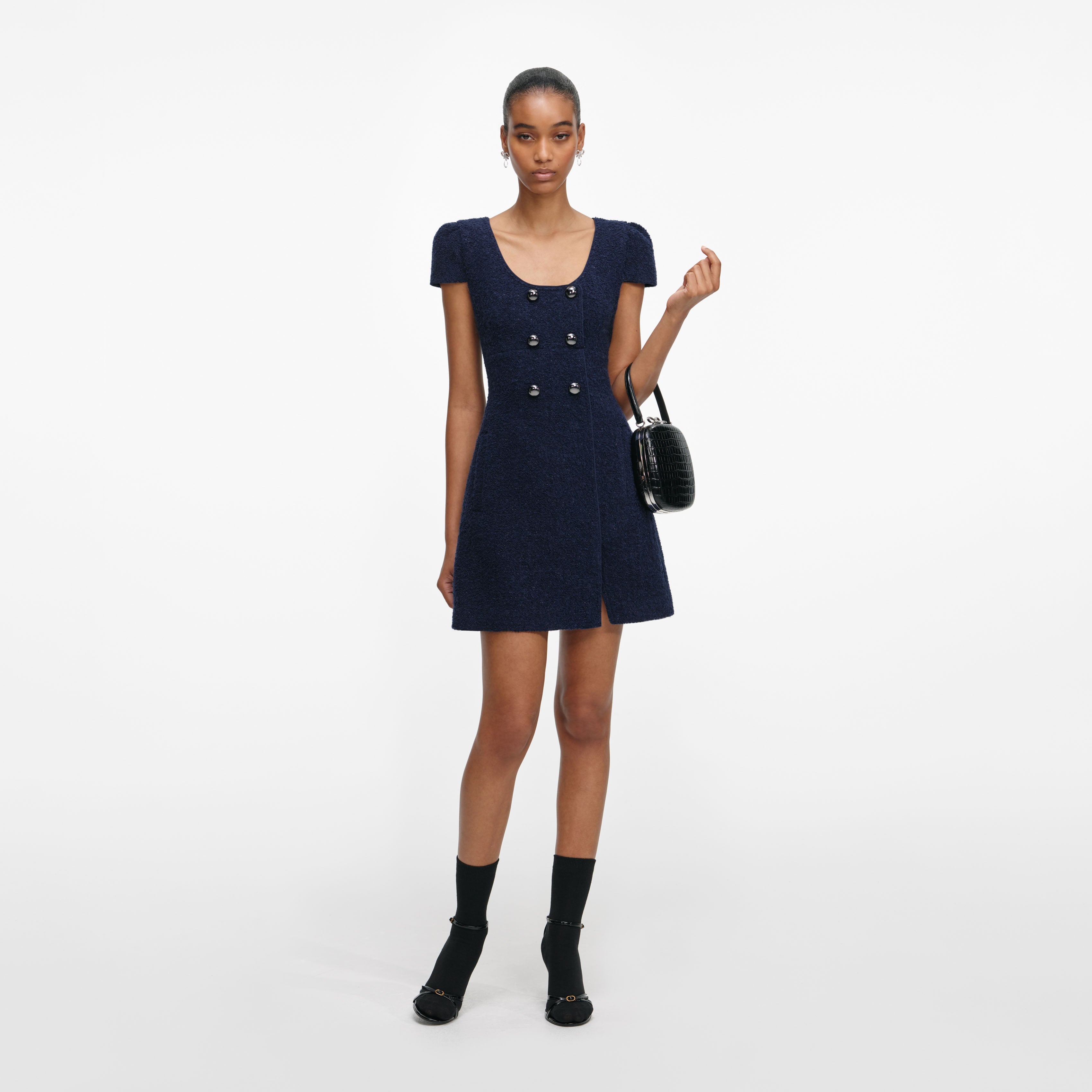 Navy Textured Boucle Mini Dress – self-portrait-US