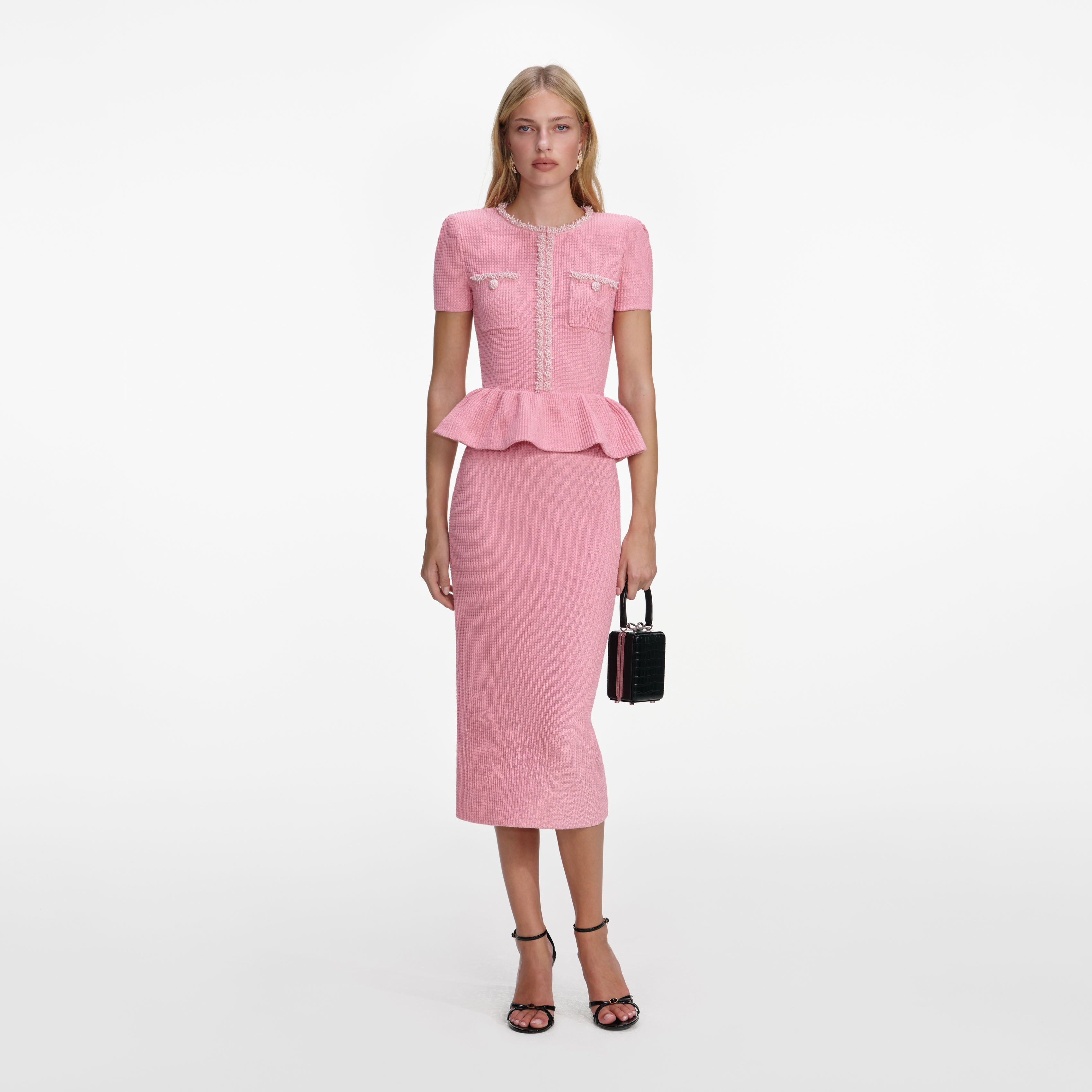 Pink Peplum Knit Midi Dress – self-portrait-US