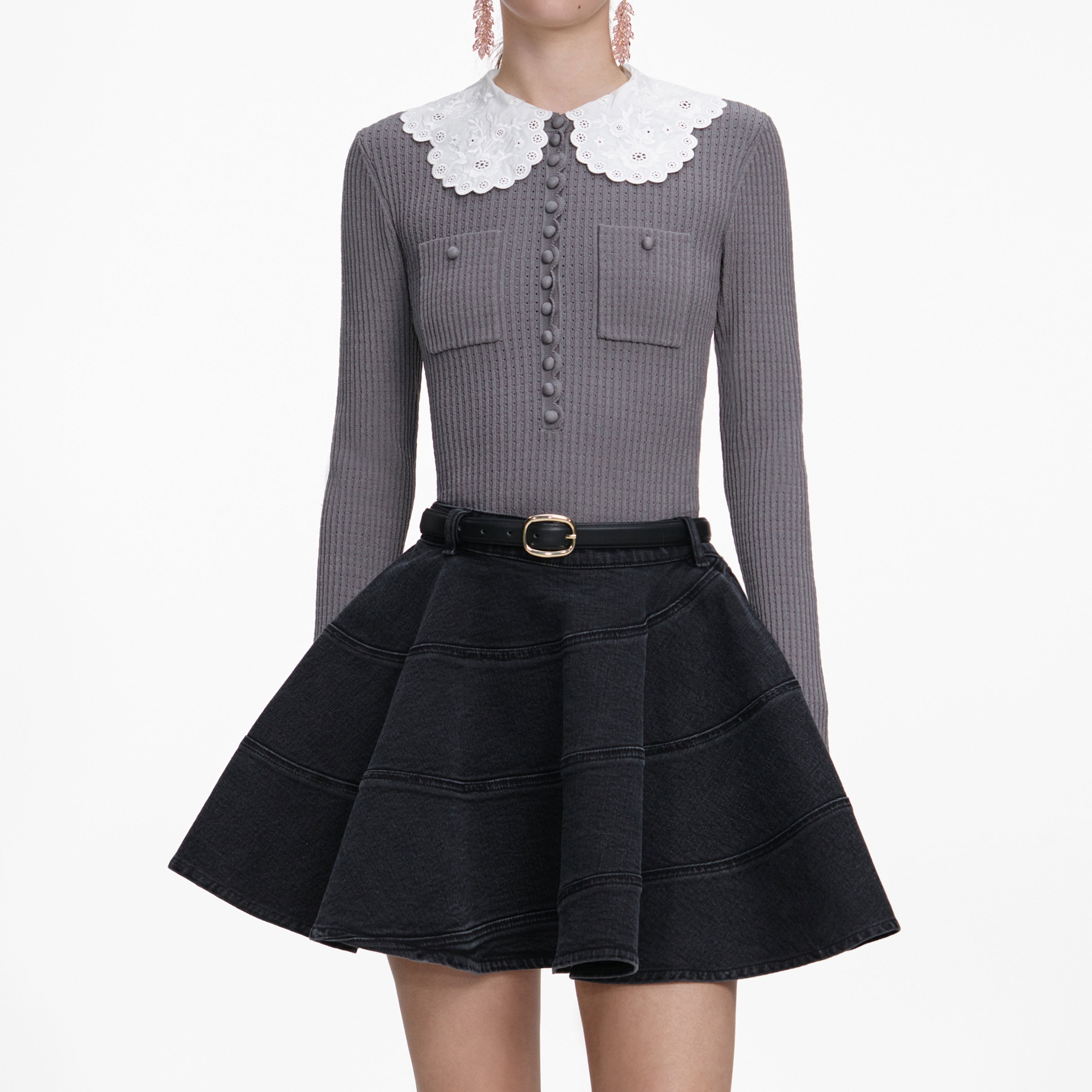 Grey Lace Collar Knit Top