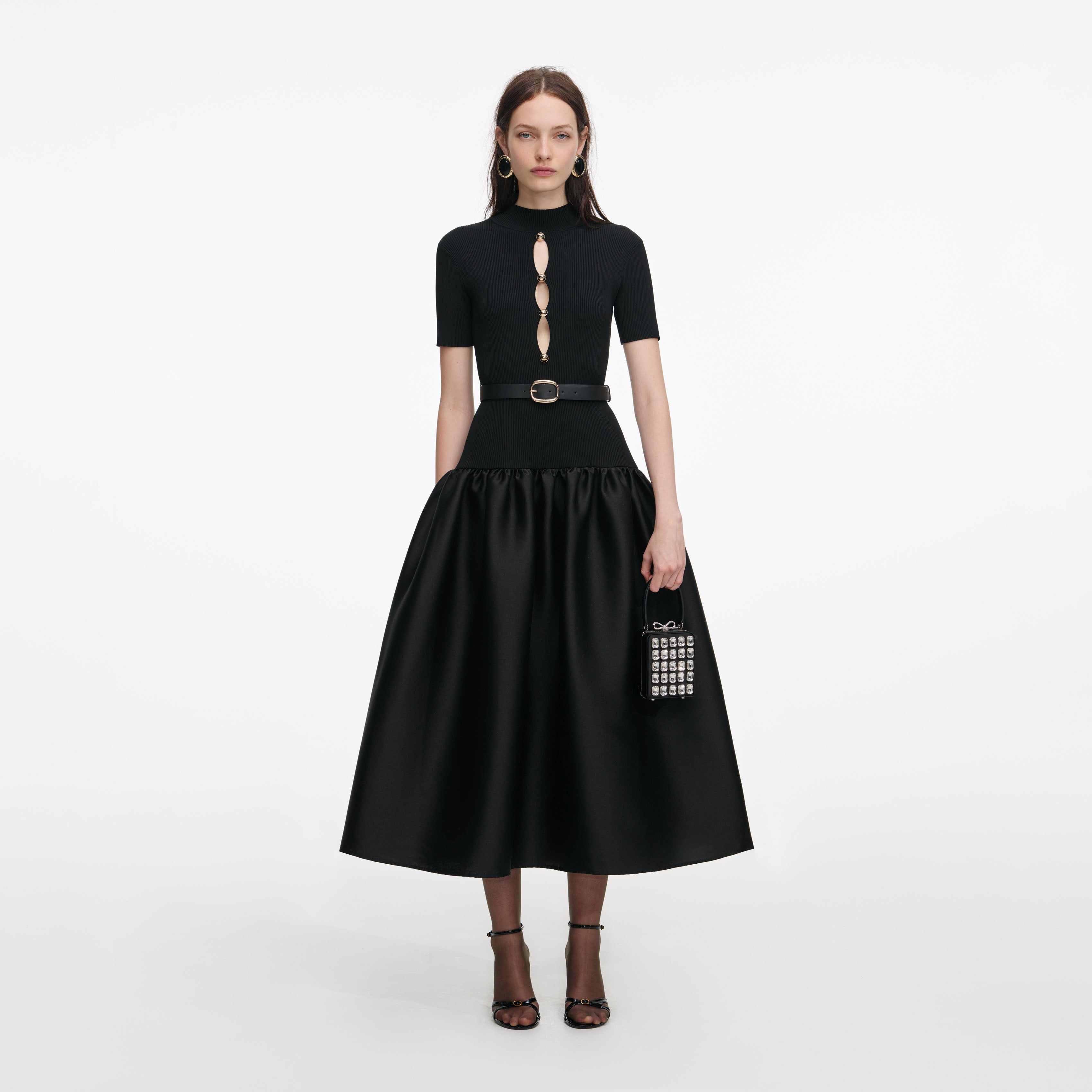 self-portrait - Black Knit Taffeta Midi Dress - US 10 self-portrait - Black Knit Taffeta Midi Dress - US 10