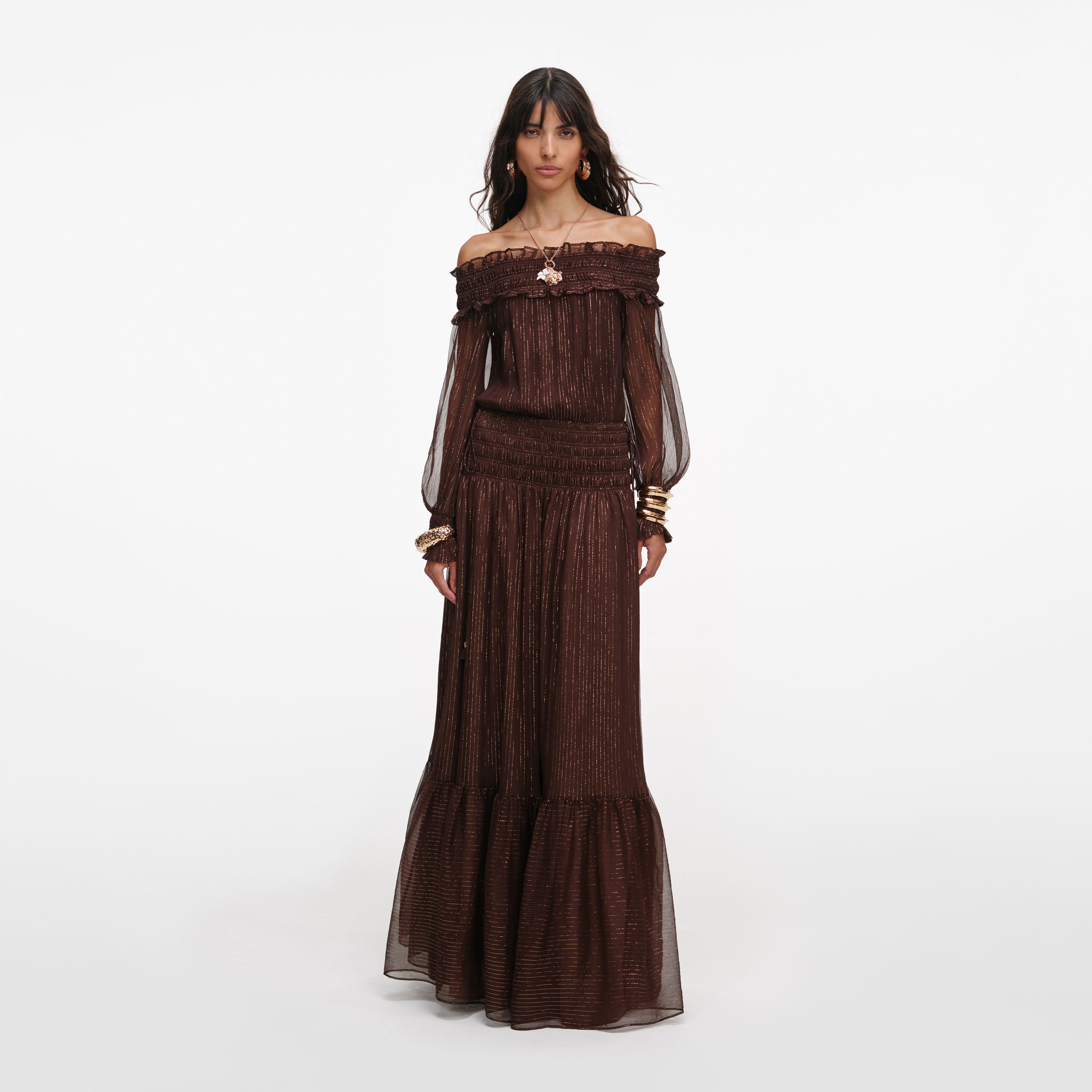 self-portrait - Brown Georgette Off Shoulder Maxi Dress - US 12 self-portrait - Brown Georgette Off Shoulder Maxi Dress - US 12