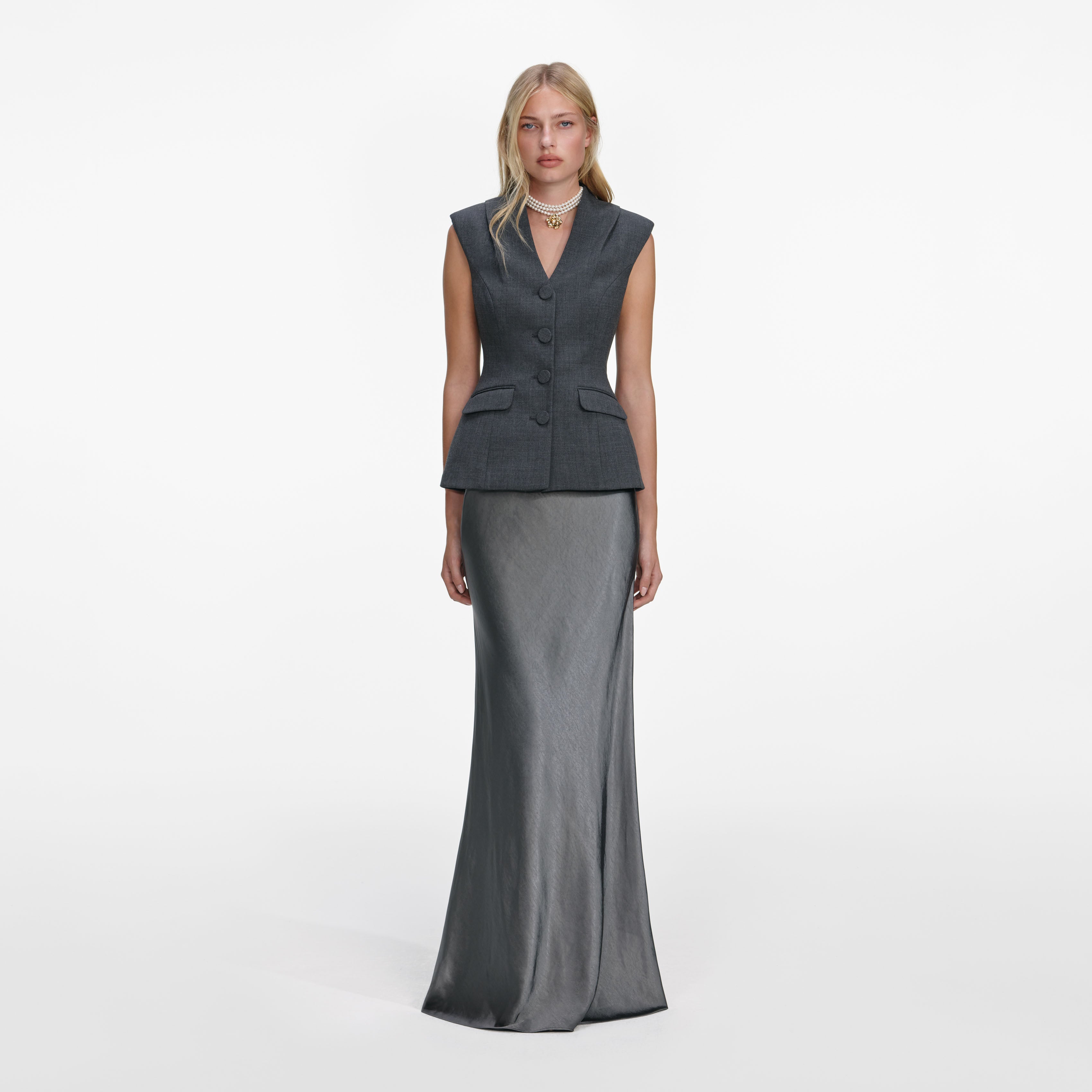 grey satin maxi dress Gray Wrap Satin Dress With Flutter Sleeves