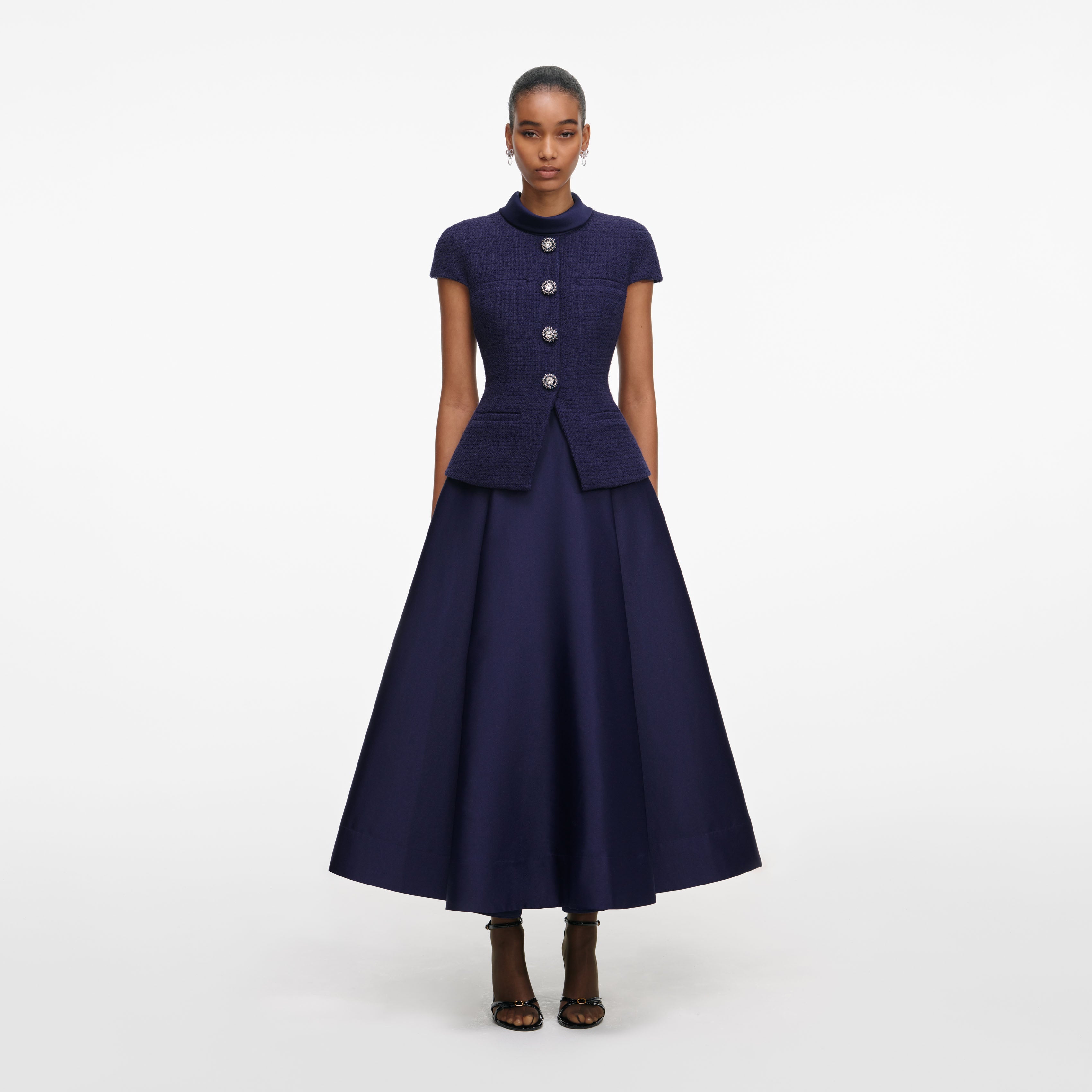 self portrait taffeta midi dress Navy Stripe Taffeta Midi Dress