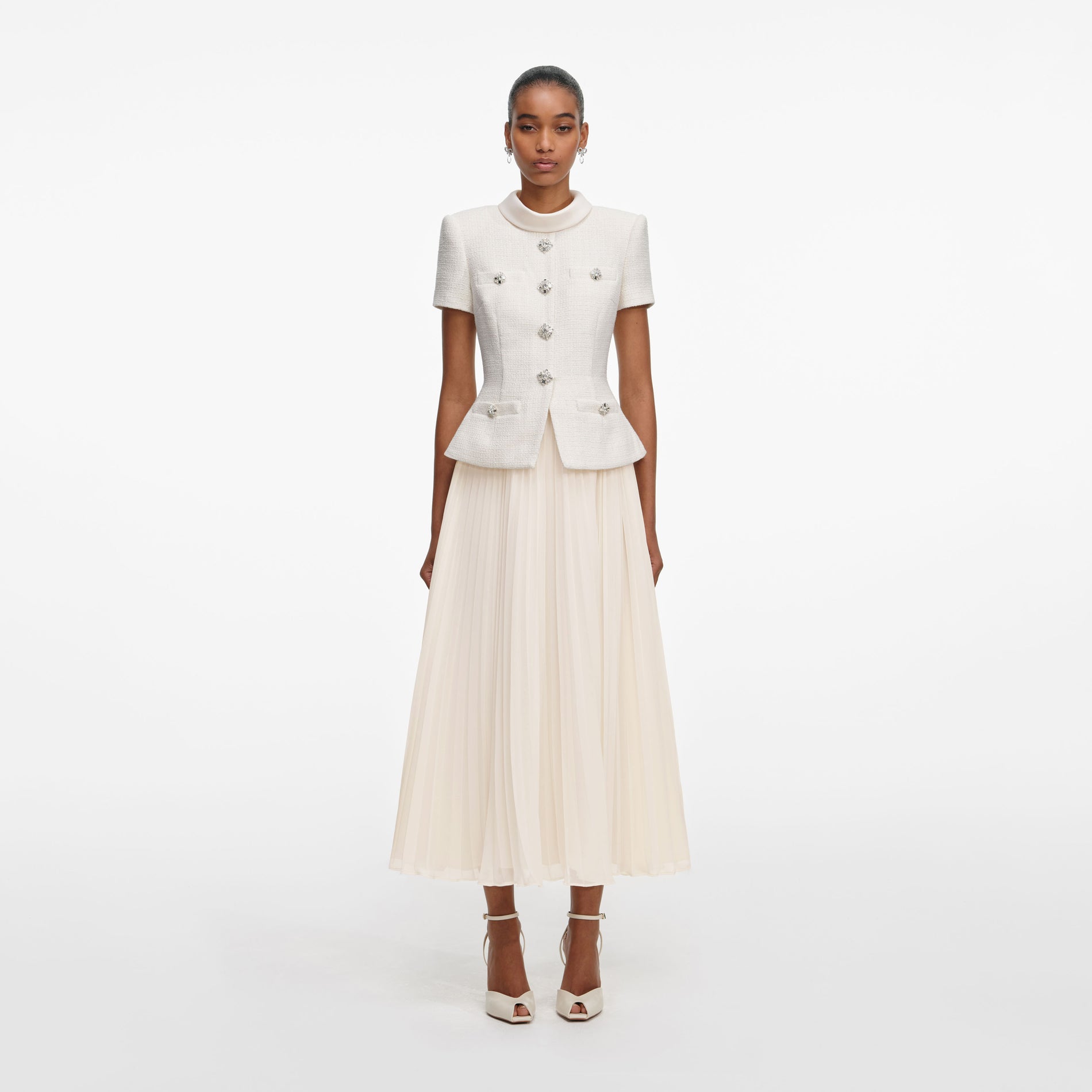 Cream Boucle Collared Midi Dress