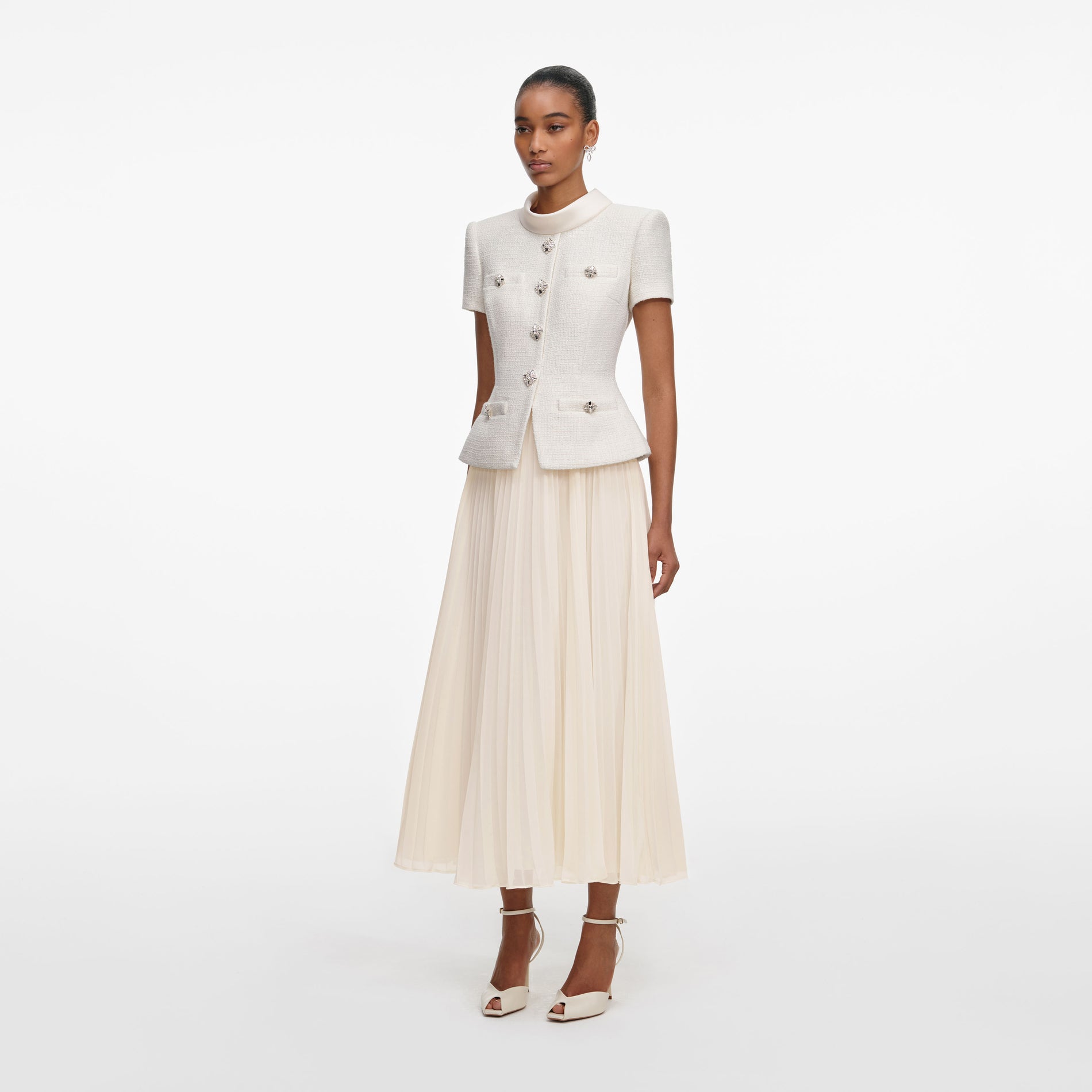 Cream Boucle Collared Midi Dress