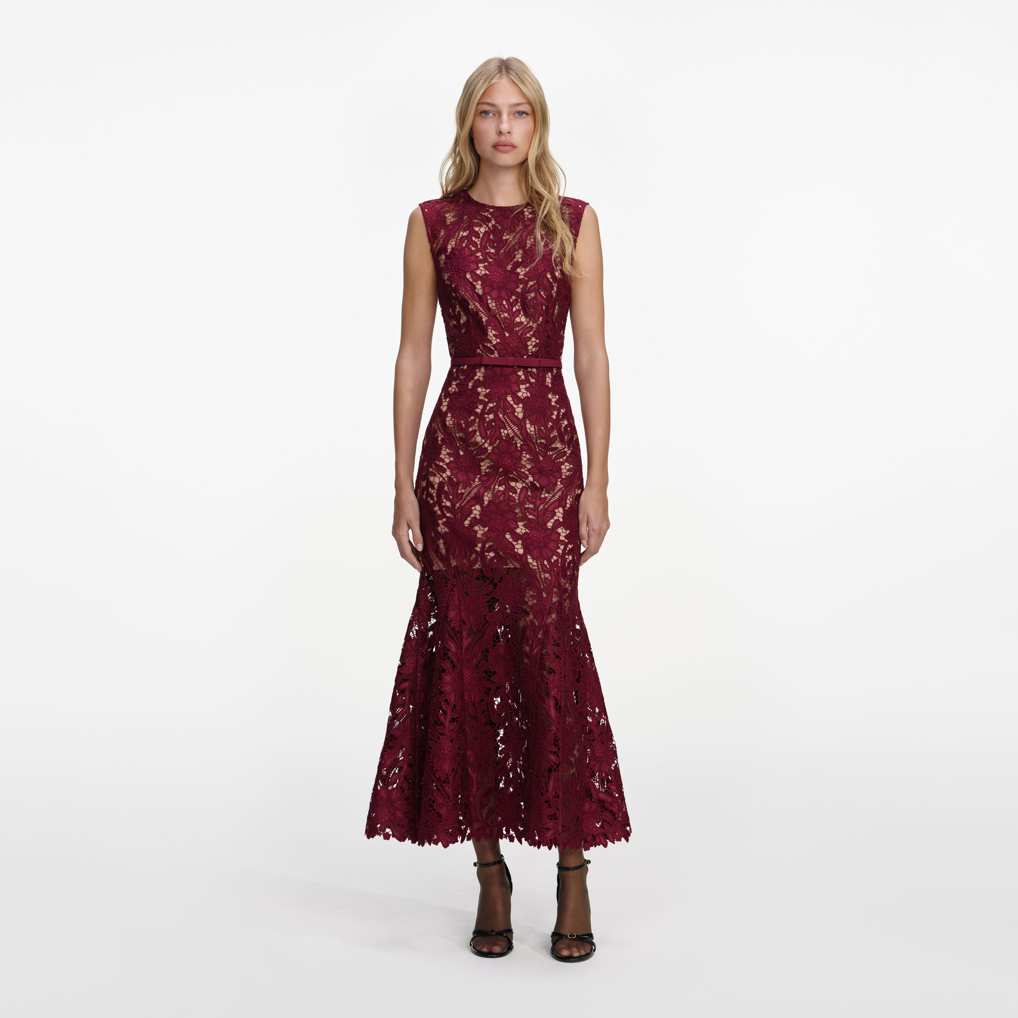 self-portrait - Burgundy Guipure Lace Midi Dress - US 12 self-portrait - Burgundy Guipure Lace Midi Dress - US 12