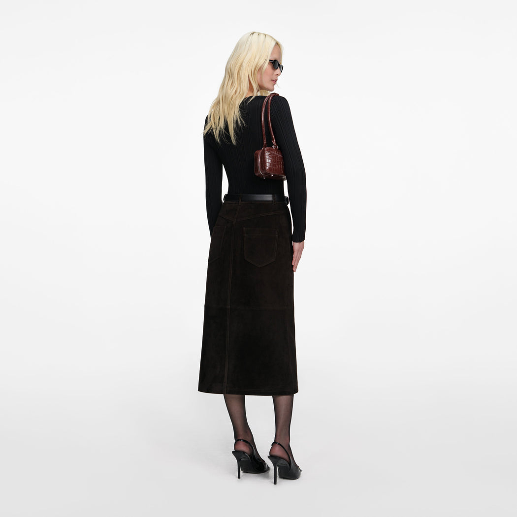Back view of a woman wearing the Black Lace Knit Top