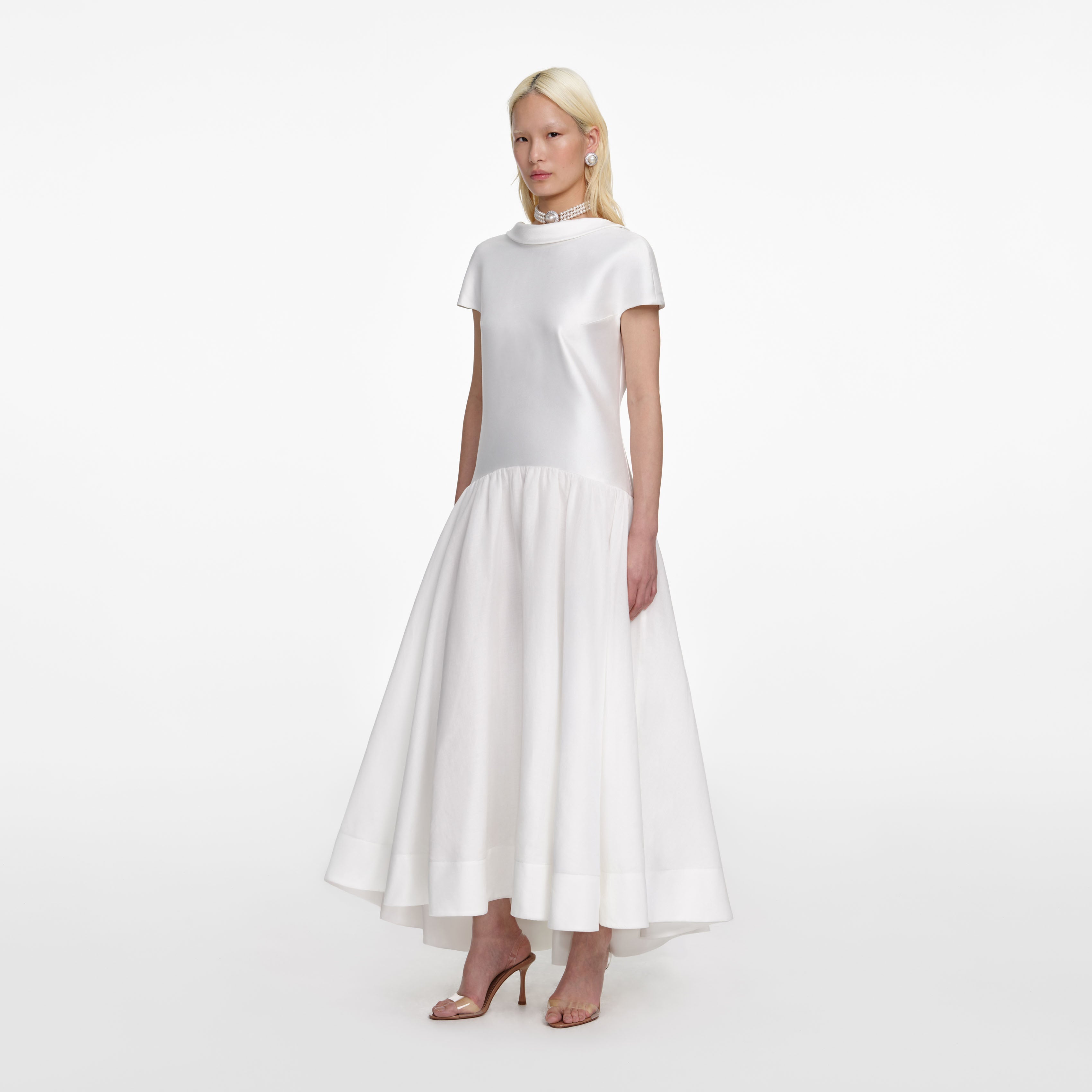 White Satin Ramie Midi Dress