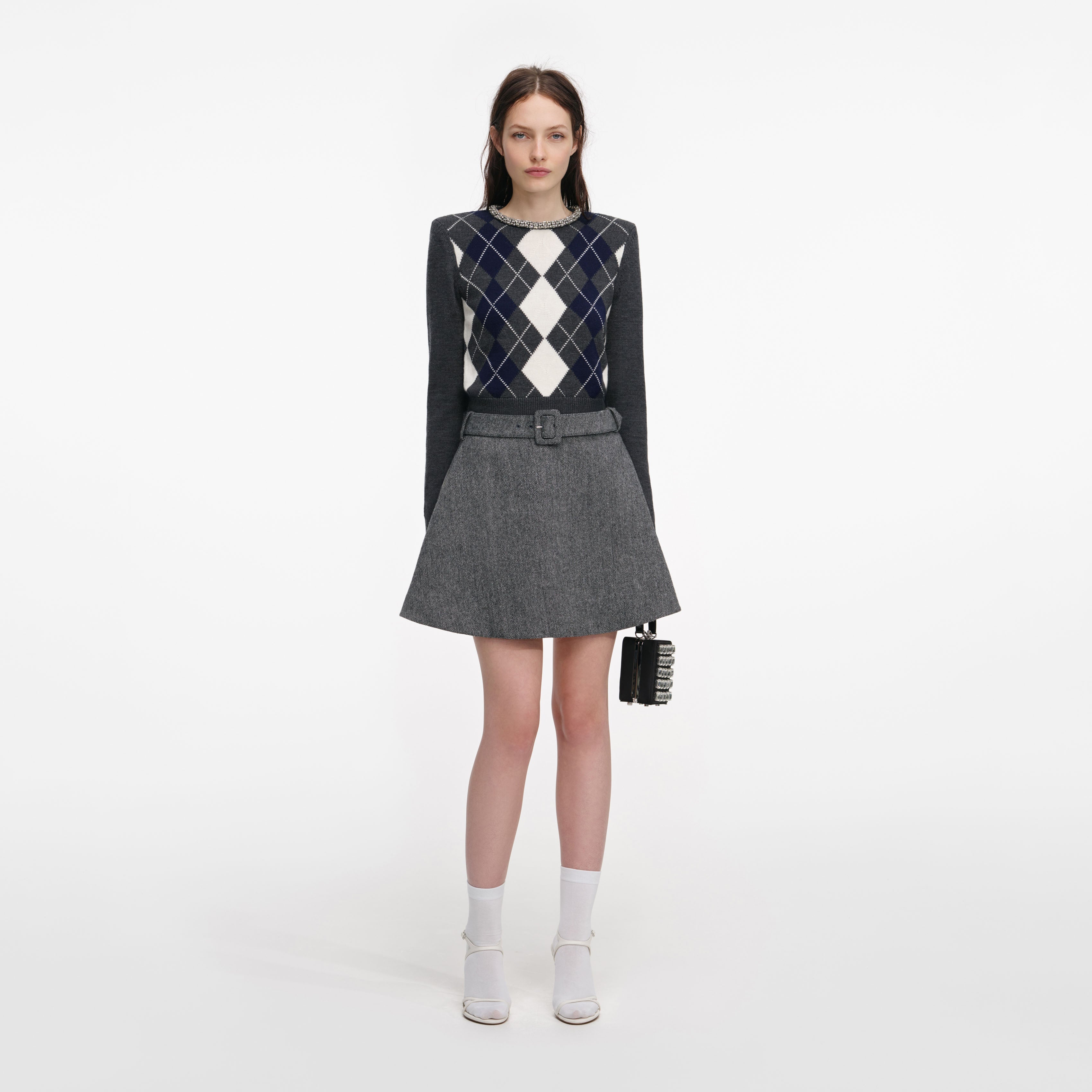 Grey Argyle Crystal Trim Jumper – self-portrait-US