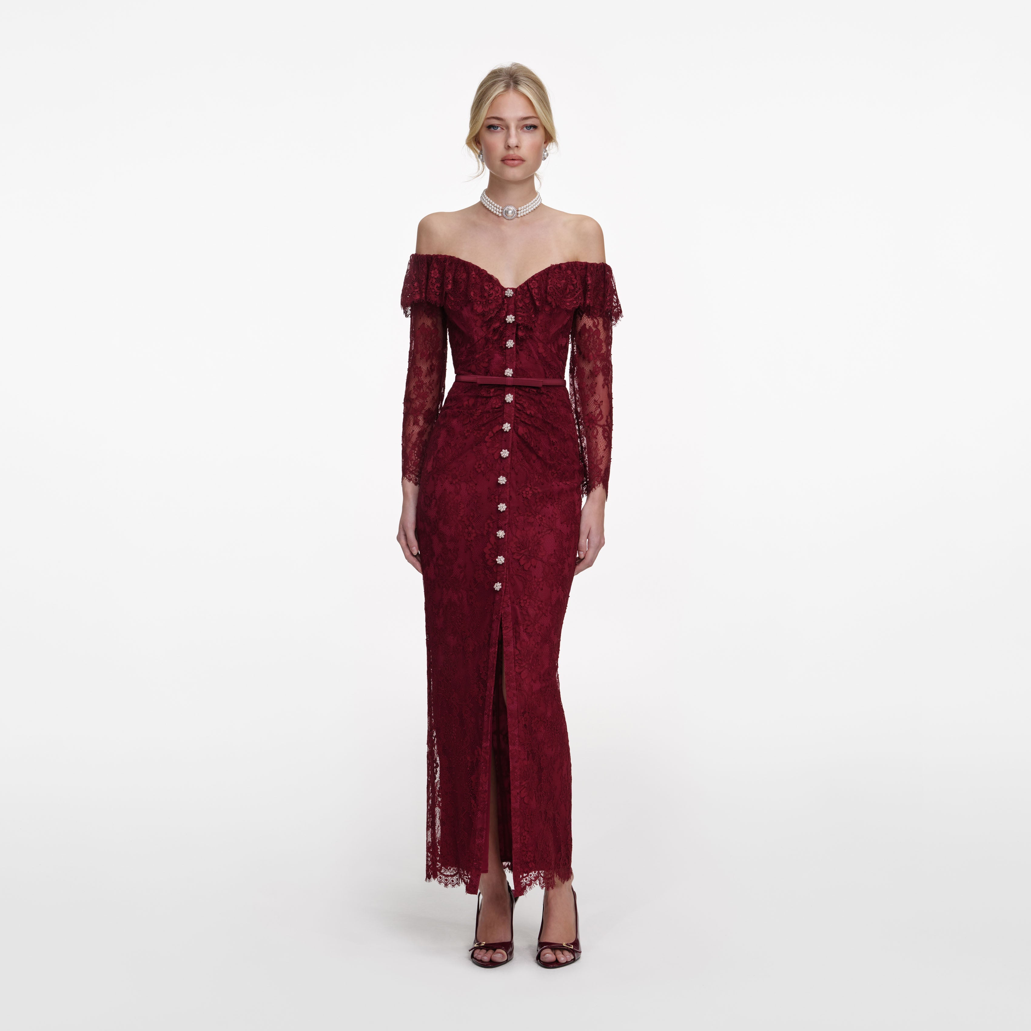 self-portrait - Burgundy Off Shoulder Gathered Lace Maxi Dress - US 8 self-portrait - Burgundy Off Shoulder Gathered Lace Maxi Dress - US 8